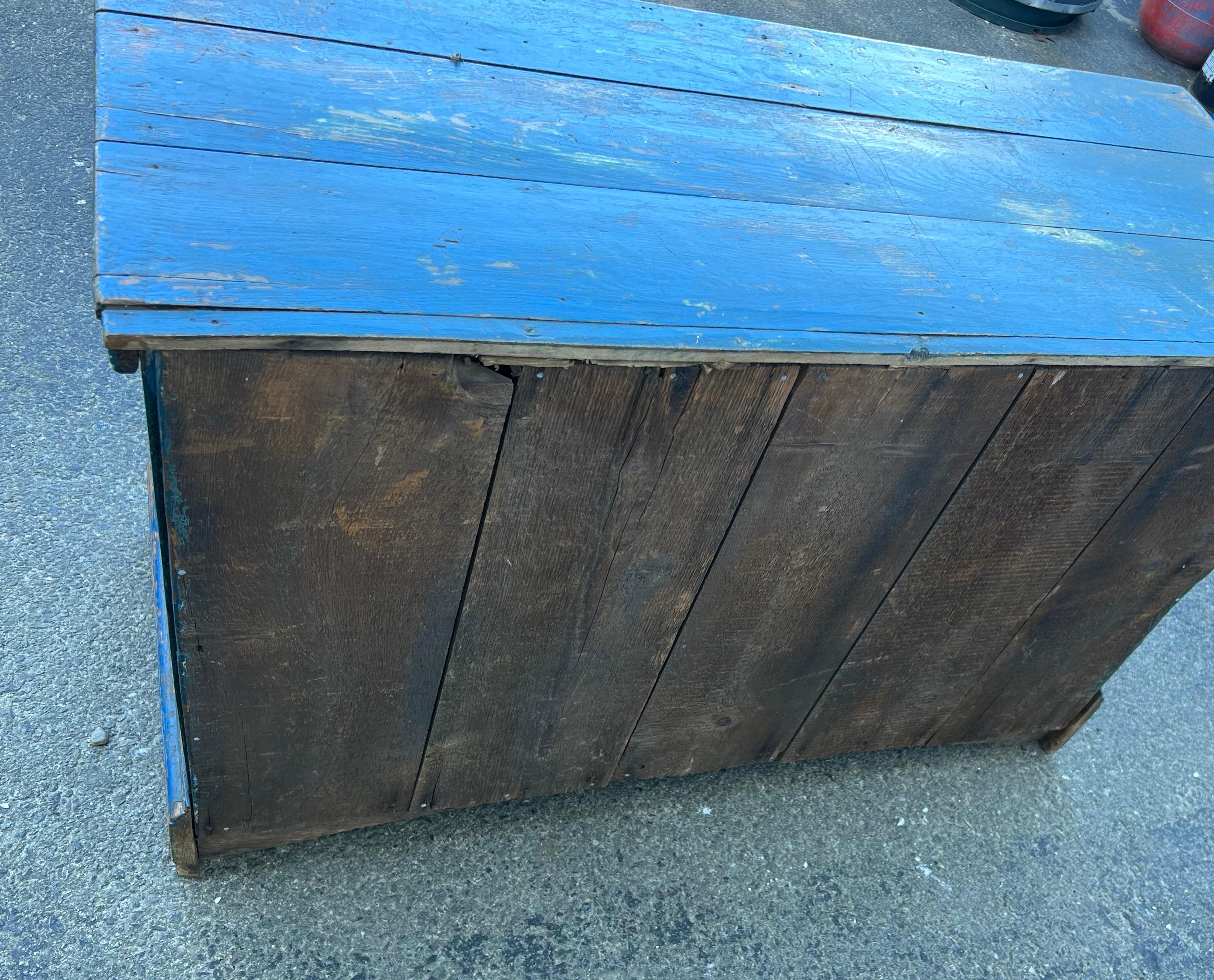 19th Century Low Pine Chest of Drawers in Early Blue Paint For Sale 1