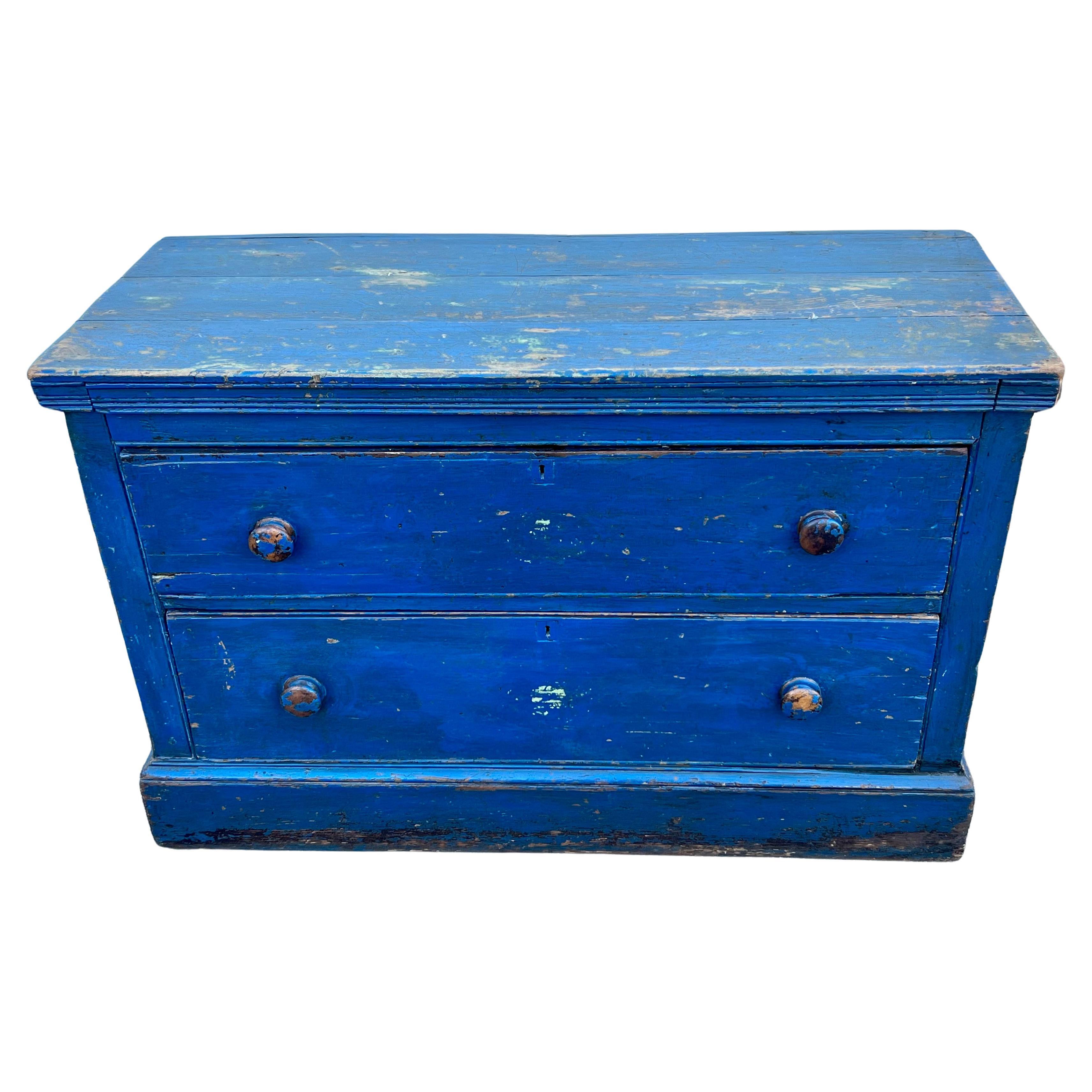19th Century Low Pine Chest of Drawers in Early Blue Paint For Sale