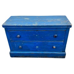 19th Century Low Pine Chest of Drawers in Early Blue Paint