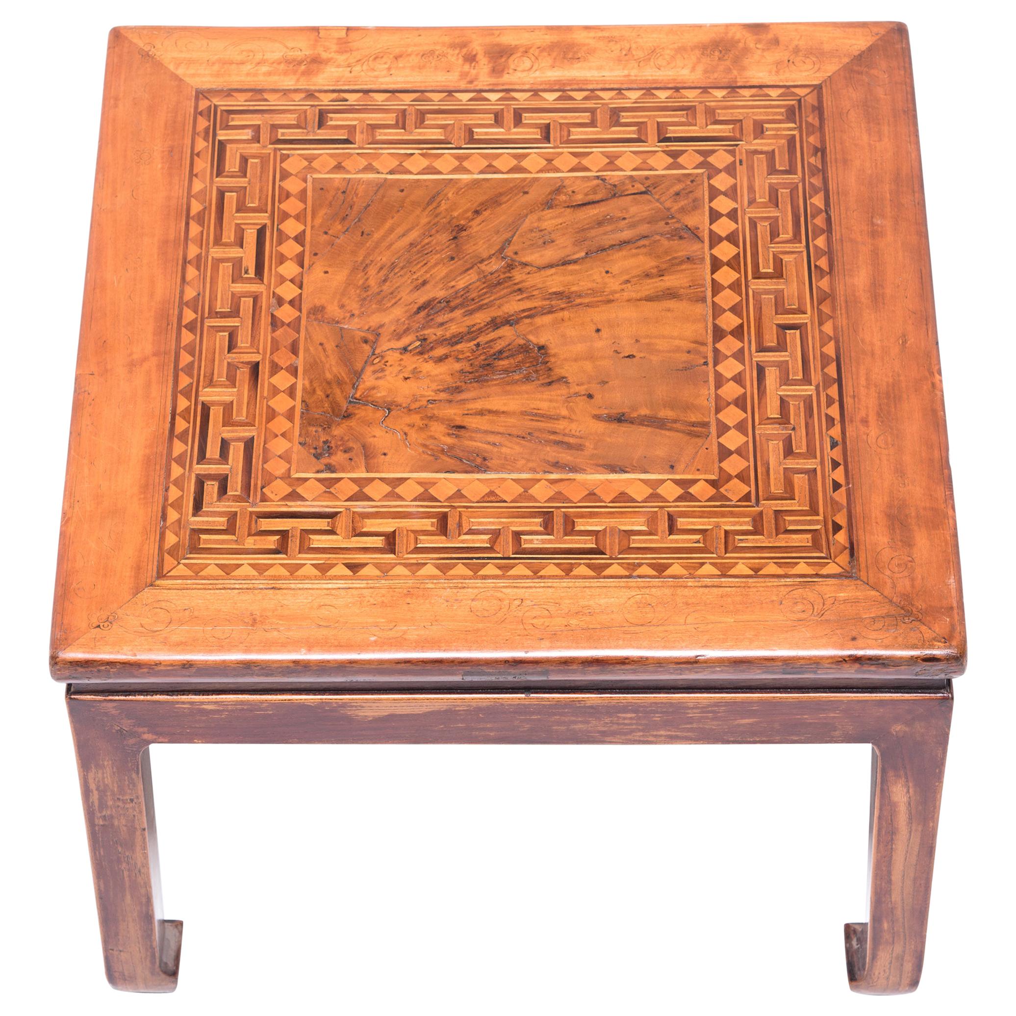 Low Square Table with Burl and Marquetry Inlay, c. 1900