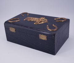19th Century Lucky Horseshoes Cigar Humidor Blackened Wood Brass Tin Lined