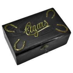 Antique 19th Century Lucky Horseshoes Cigar Humidor Blackened Wood Brass Tin Lined