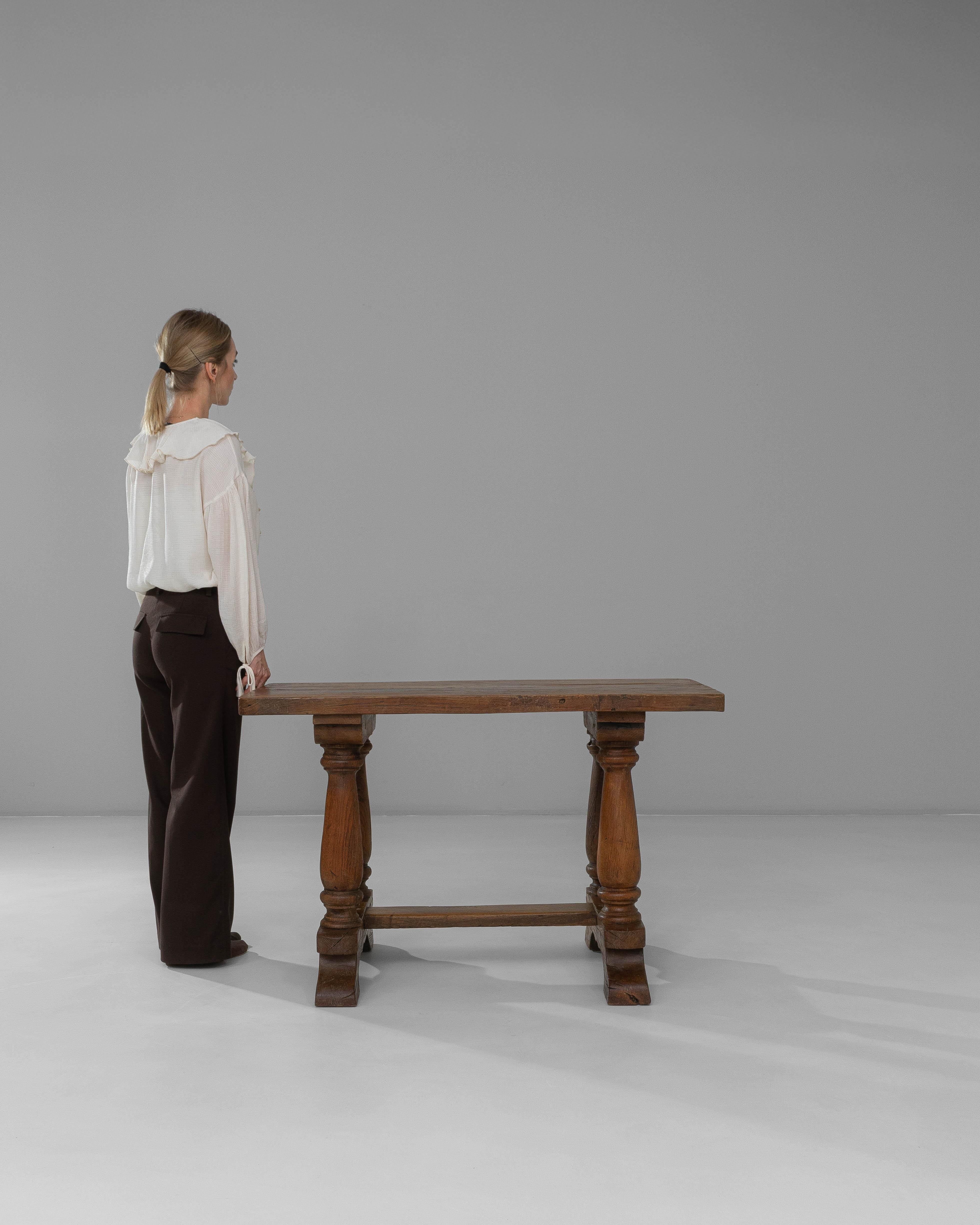 Luxembourgish 19th Century Luxembourg Provincial Oak Trestle Console Table In Original Patina For Sale