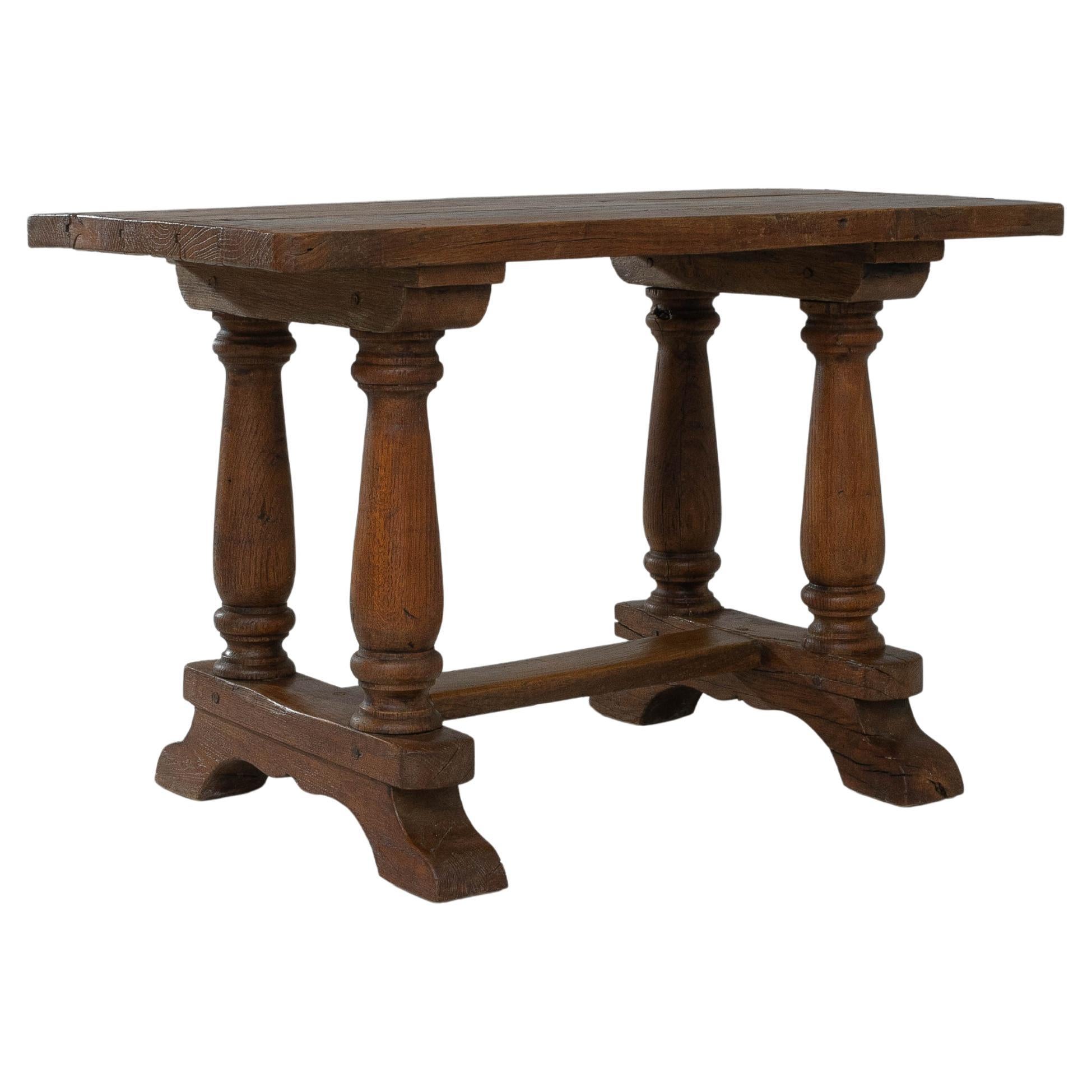 19th Century Luxembourg Provincial Oak Trestle Console Table In Original Patina For Sale