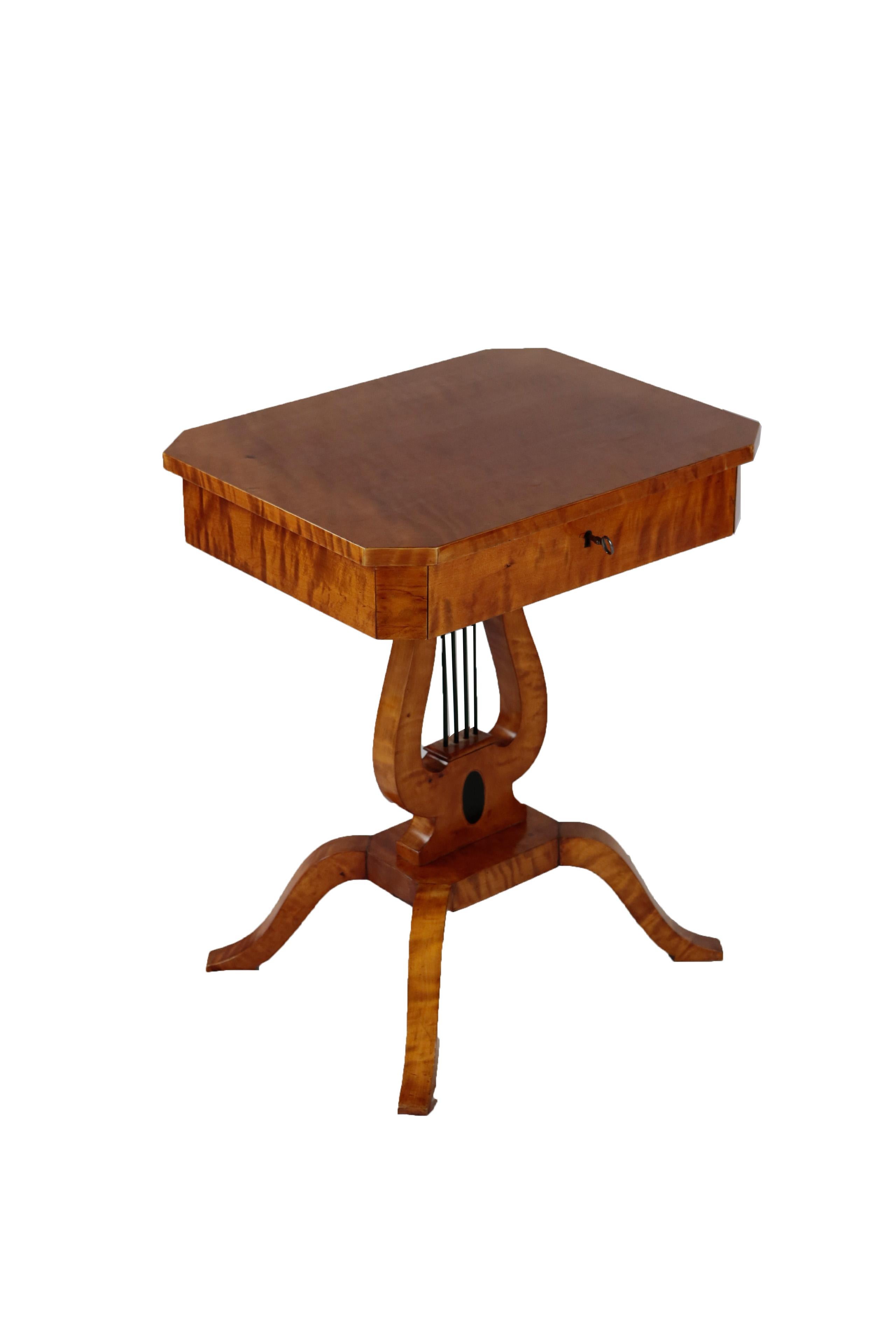 Biedermeier Lyre Side Table, Birchwood Veneer, Second Half of the 19th Century, 1-Drawer For Sale