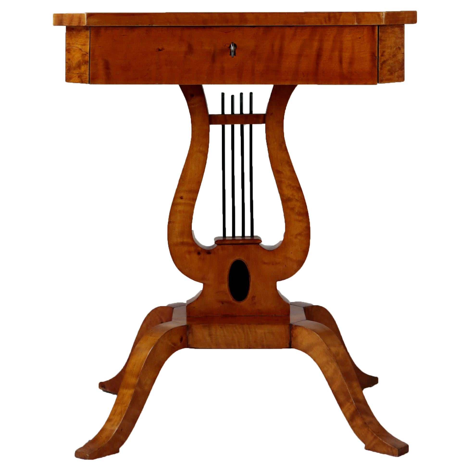 Lyre Side Table, Birchwood Veneer, Second Half of the 19th Century, 1-Drawer For Sale
