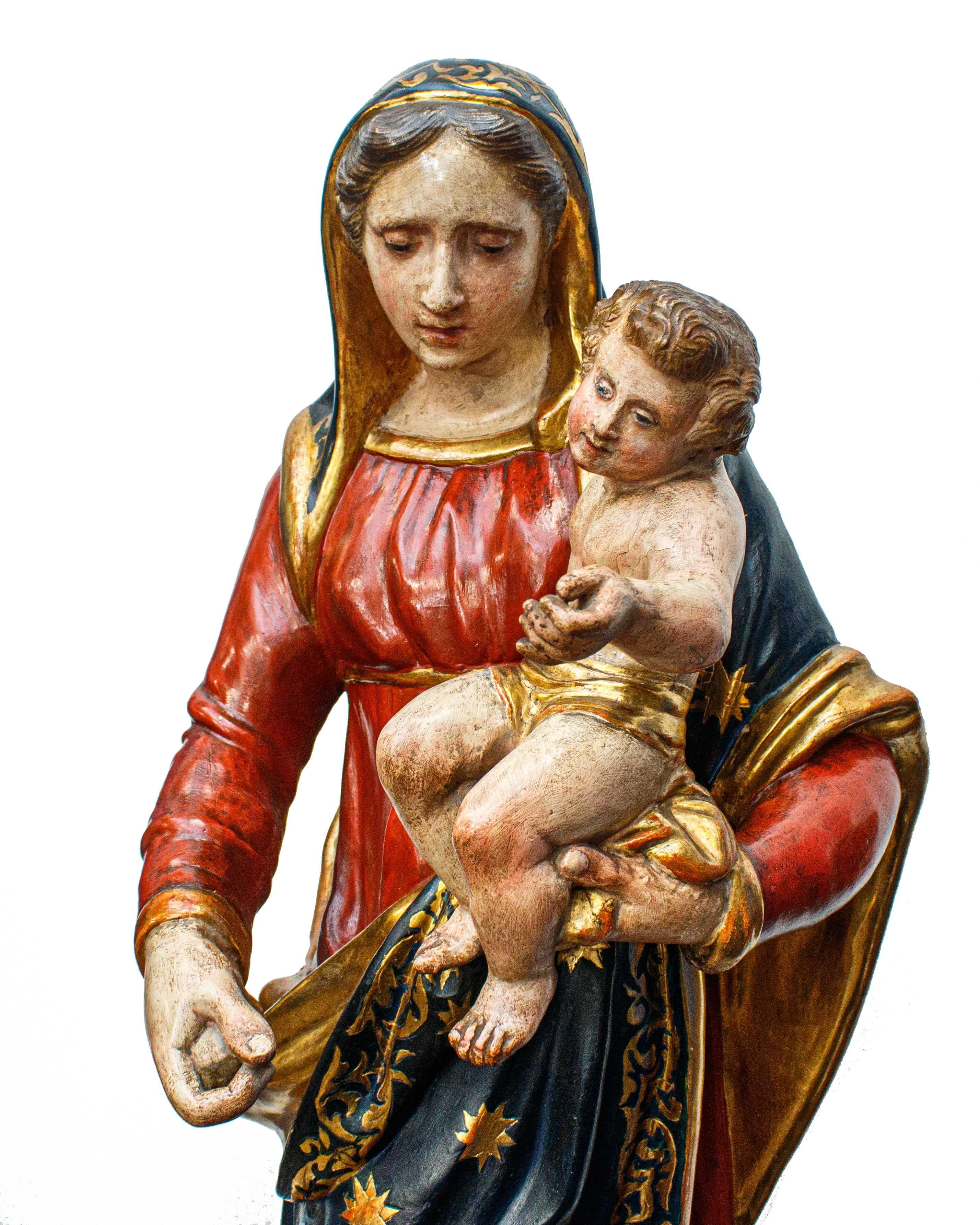 Painted 19th Century Madonna and Child with Souls in Purgatory Papier-Mache Sculpture For Sale