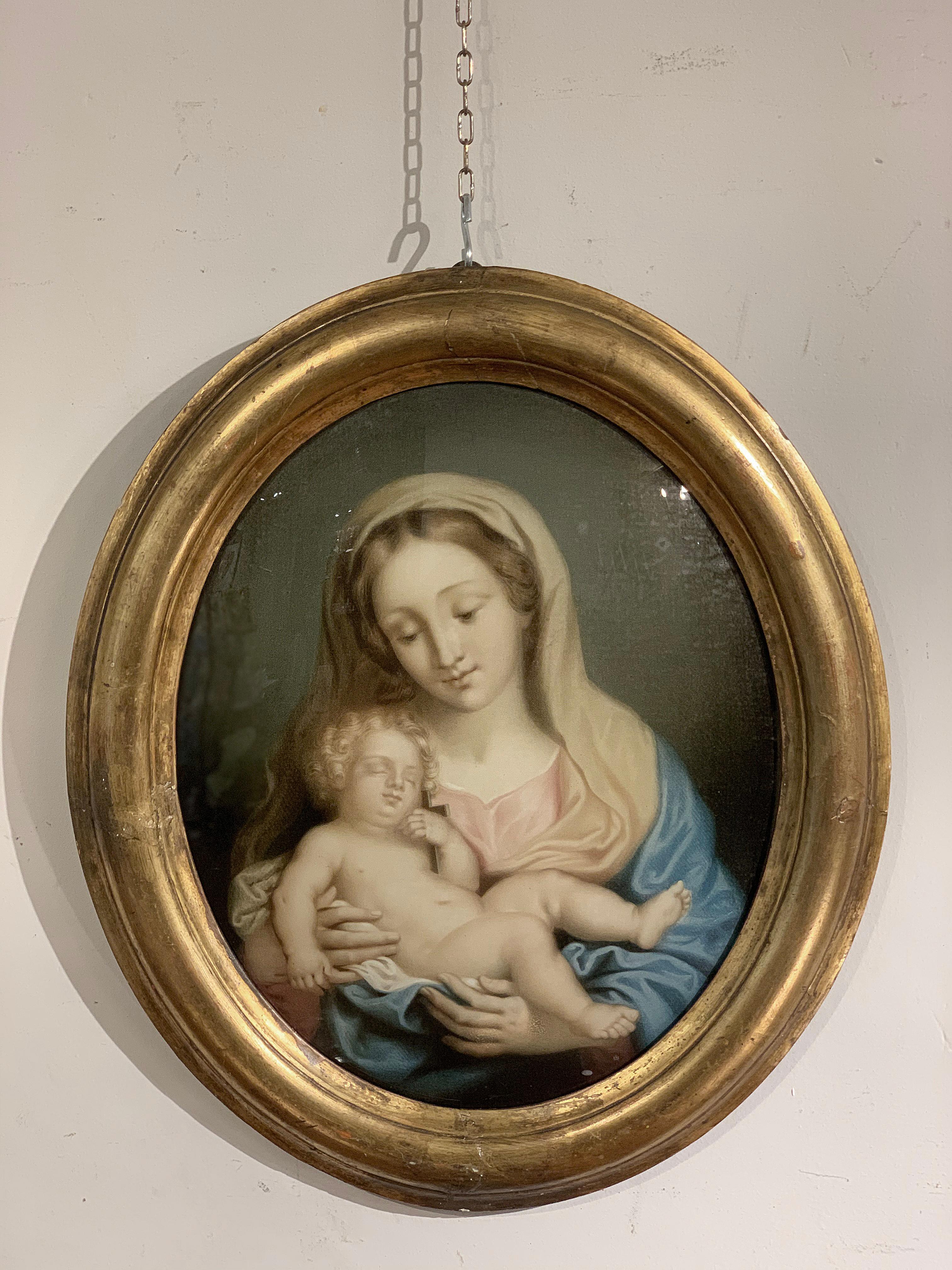 Fascinating painting representing the Madonna with the Child Jesus, painted on the back on a delicate glass panel. This work can be attributed to the Tuscan School of the early 19th century and stands out for its extraordinary precision in detail