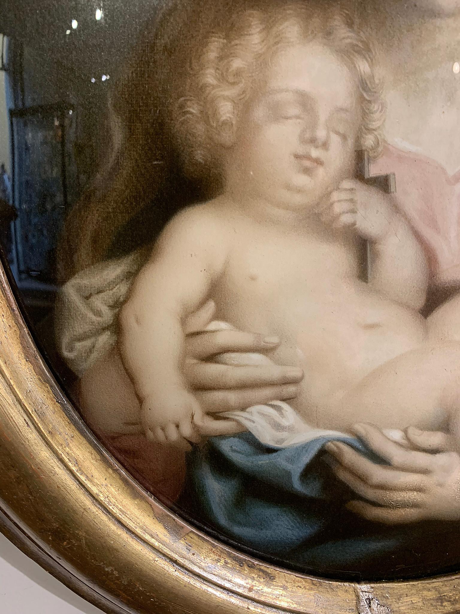 Italian 19th CENTURY MADONNA WITH CHILD PAINTED ON GLASS  For Sale