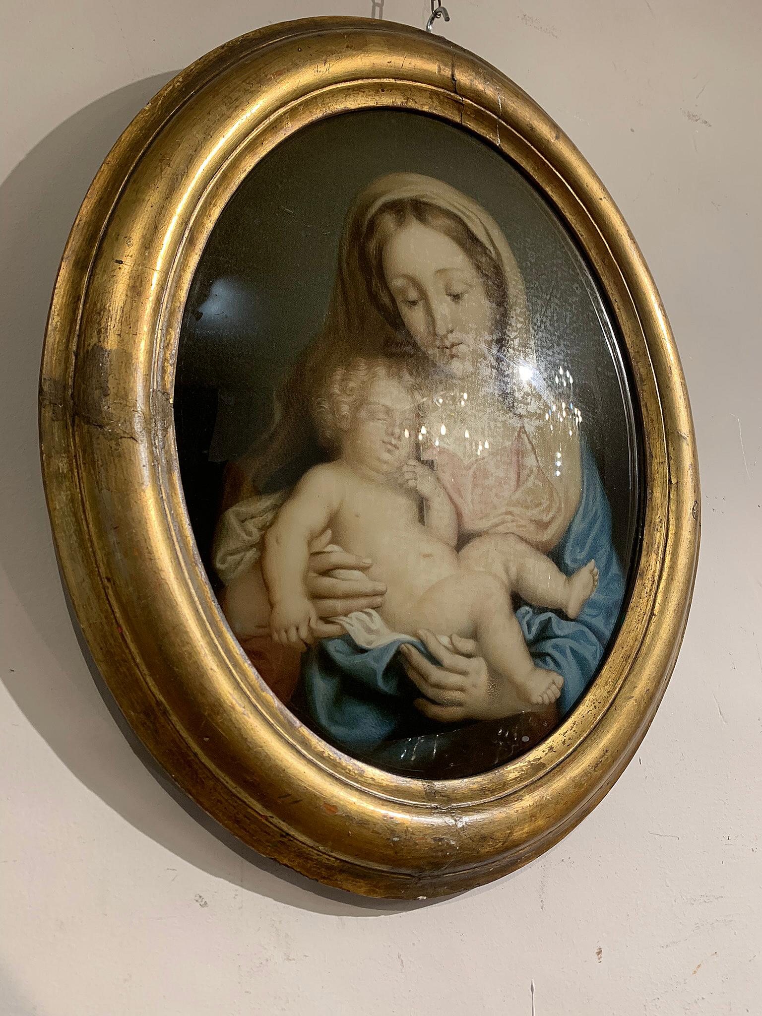 19th Century 19th CENTURY MADONNA WITH CHILD PAINTED ON GLASS  For Sale