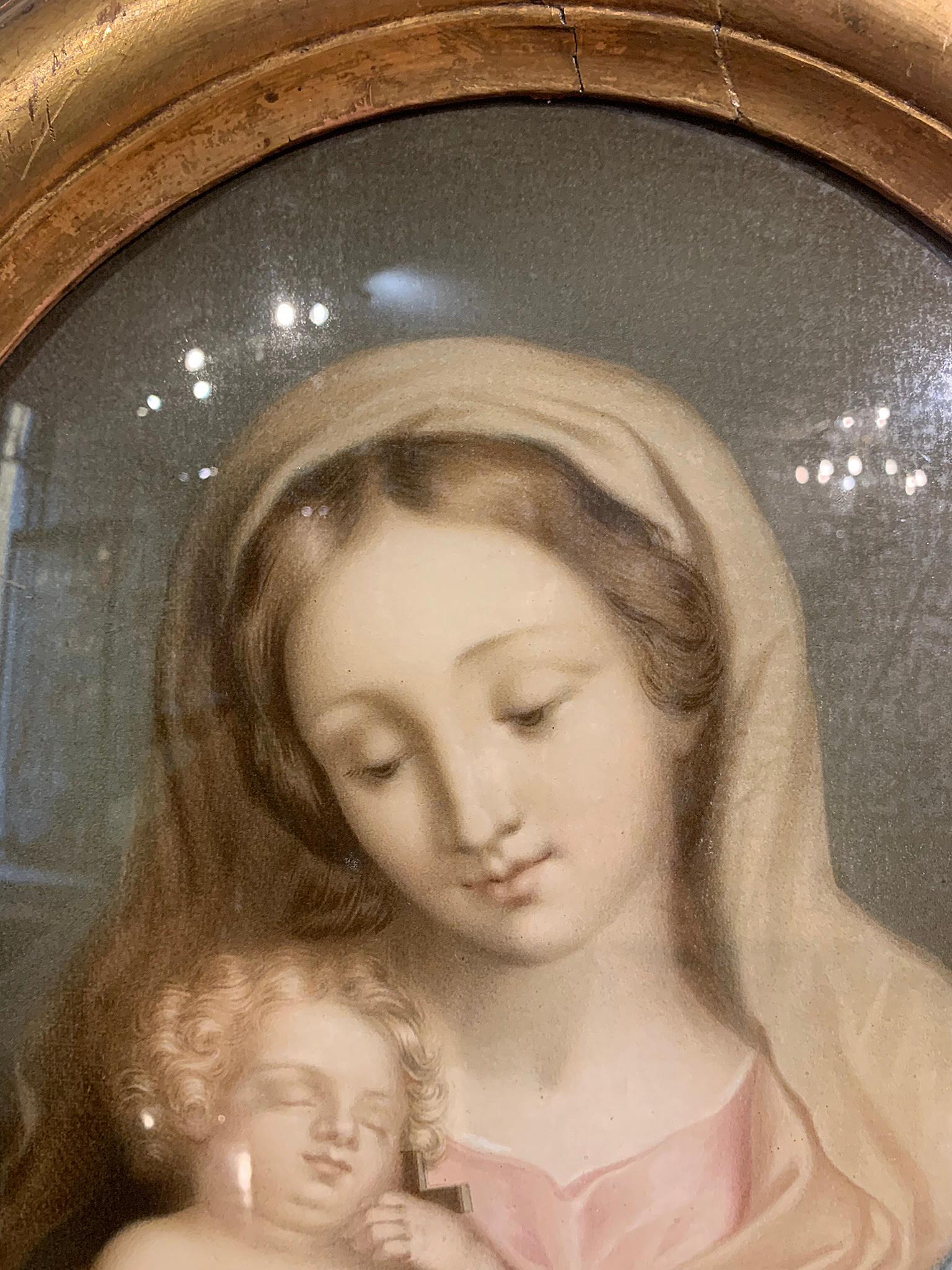 Glass 19th CENTURY MADONNA WITH CHILD PAINTED ON GLASS  For Sale