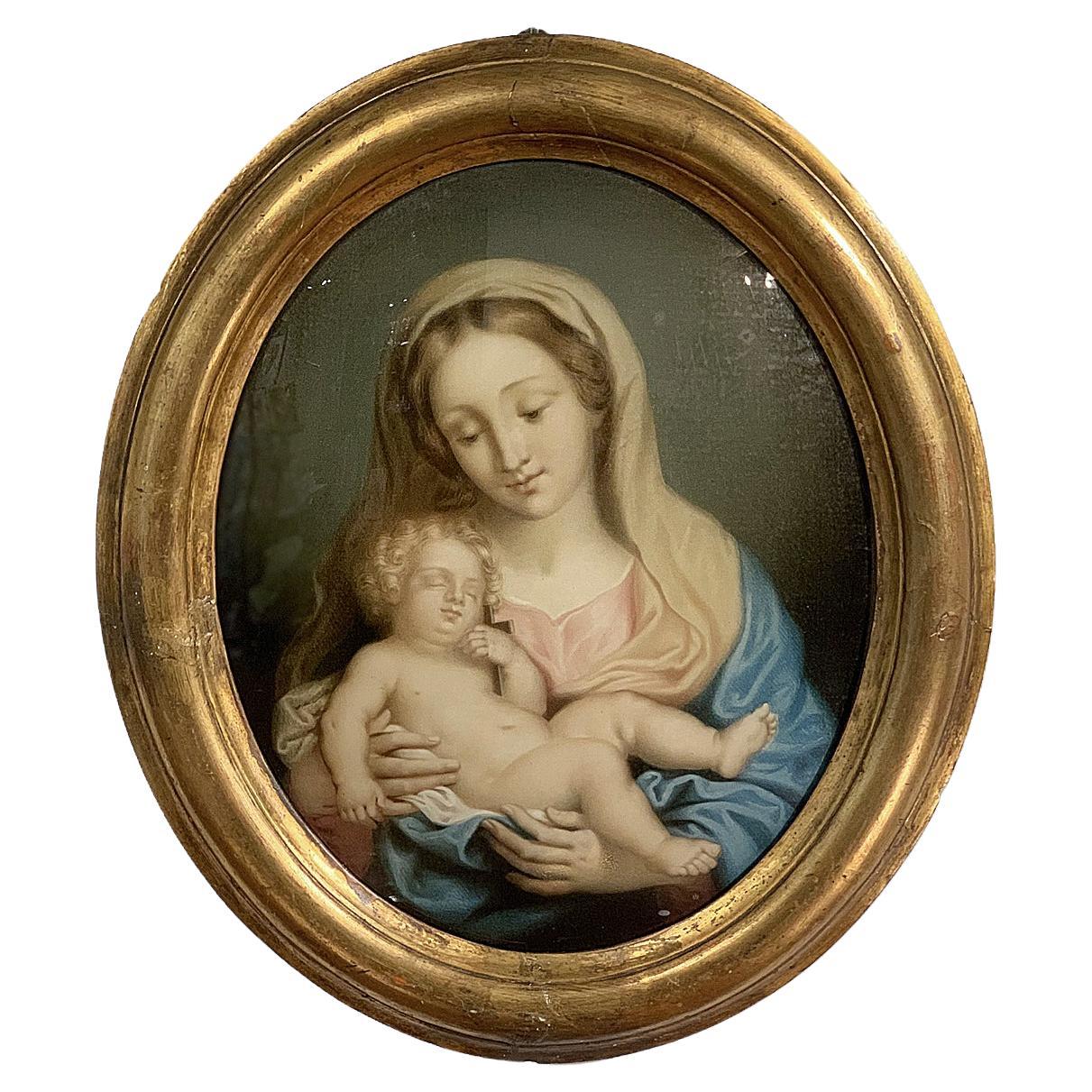 19th CENTURY MADONNA WITH CHILD PAINTED ON GLASS 