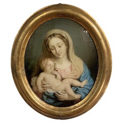 Antique 19th CENTURY MADONNA WITH CHILD PAINTED ON GLASS 