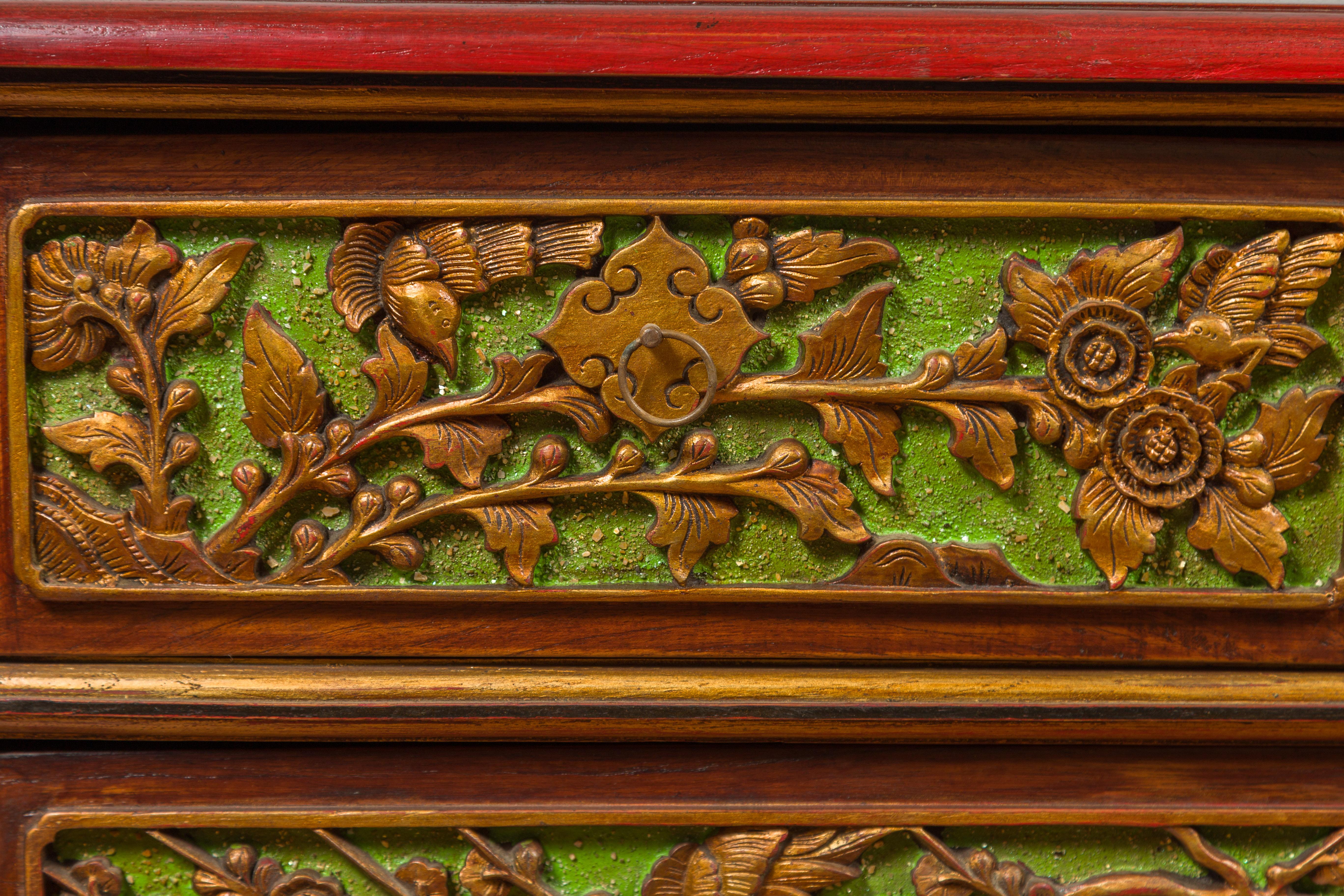 19th Century Madurese Polychrome Three-Drawer Dresser with Carved Floral Motifs For Sale 2