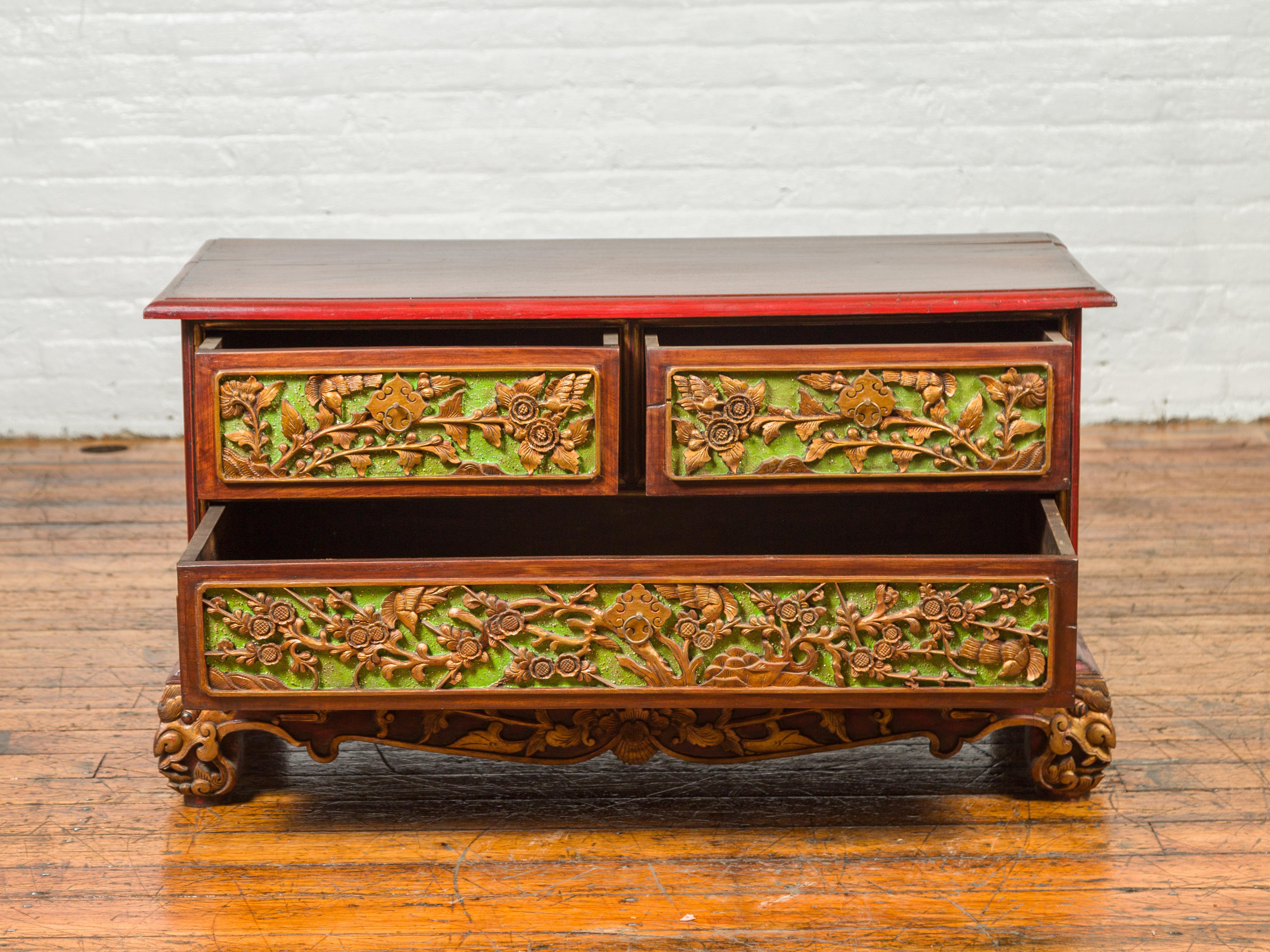 19th Century Madurese Polychrome Three-Drawer Dresser with Carved Floral Motifs For Sale 5