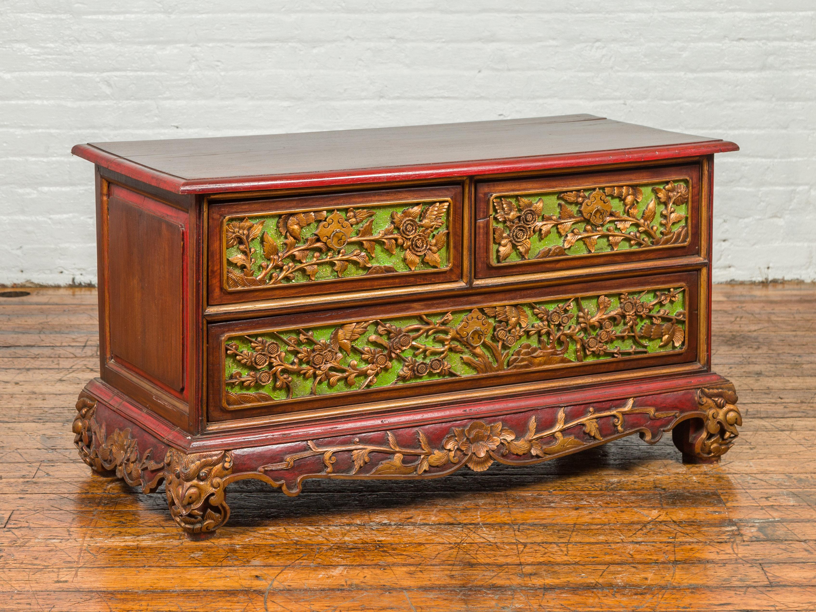 19th Century Madurese Polychrome Three-Drawer Dresser with Carved Floral Motifs For Sale 7