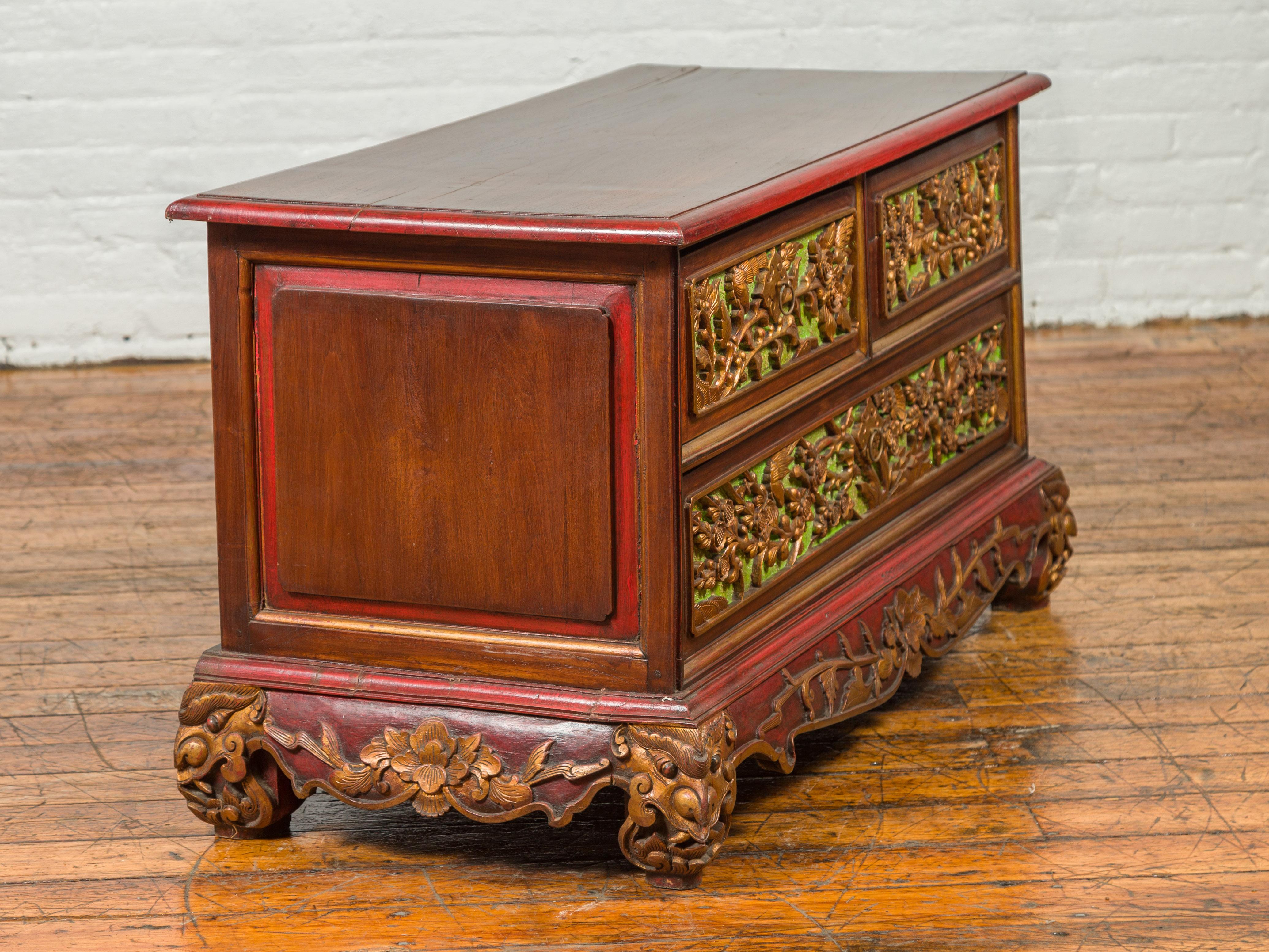 19th Century Madurese Polychrome Three-Drawer Dresser with Carved Floral Motifs For Sale 8