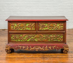 19th Century Madurese Polychrome Three-Drawer Dresser with Carved Floral Motifs