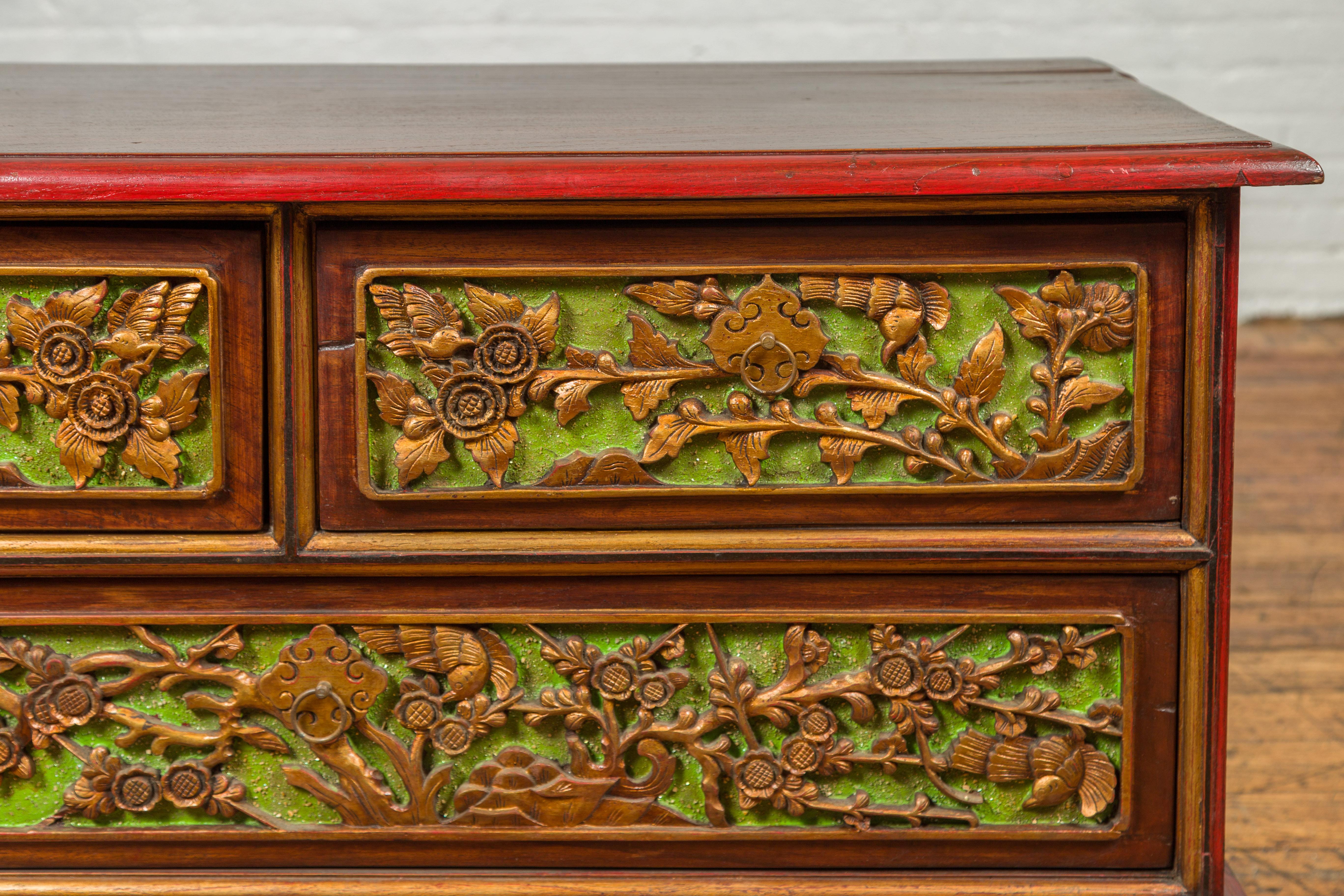 Indonesian 19th Century Madurese Polychrome Three-Drawer Dresser with Carved Floral Motifs For Sale