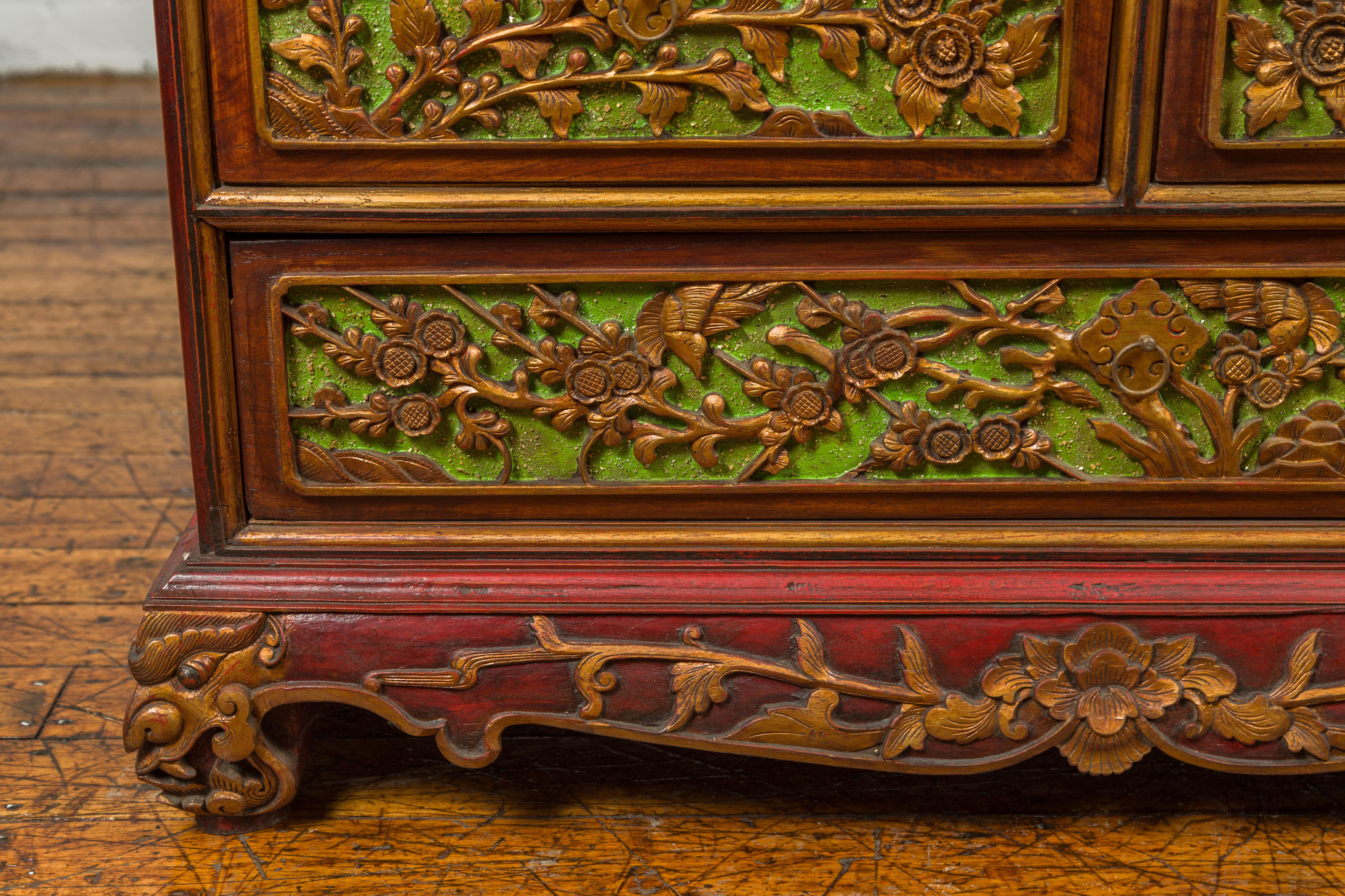 19th Century Madurese Polychrome Three-Drawer Dresser with Carved Floral Motifs In Good Condition For Sale In Yonkers, NY