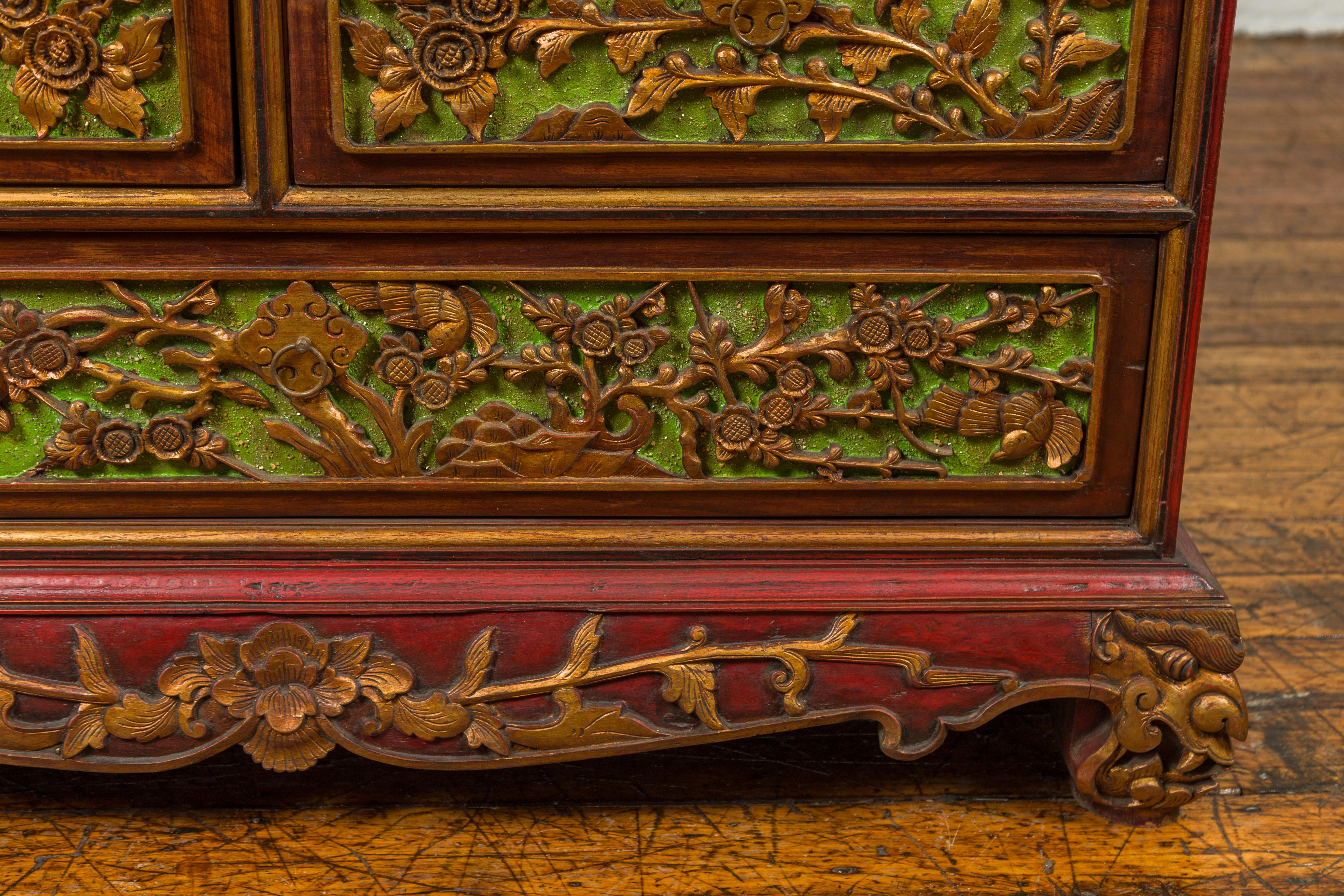 Wood 19th Century Madurese Polychrome Three-Drawer Dresser with Carved Floral Motifs For Sale