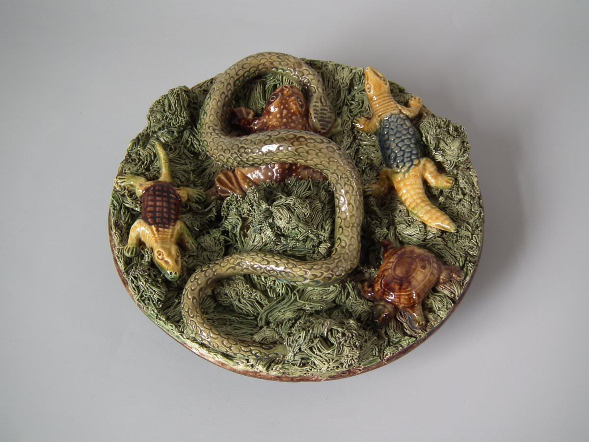 Portuguese 19th Century Mafra Palissy Majolica Snake, Toad & Tortoise Plate