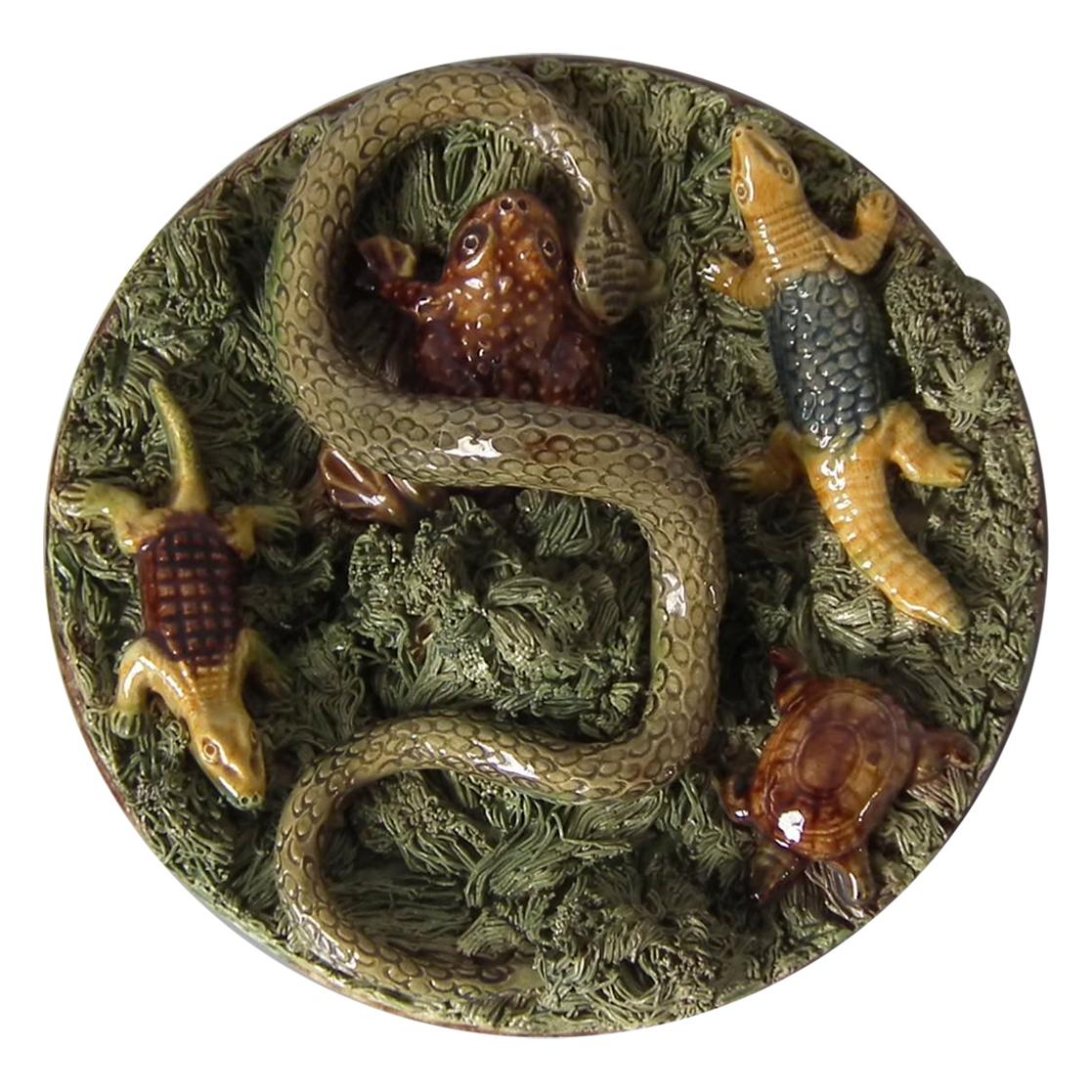 19th Century Mafra Palissy Majolica Snake, Toad & Tortoise Plate