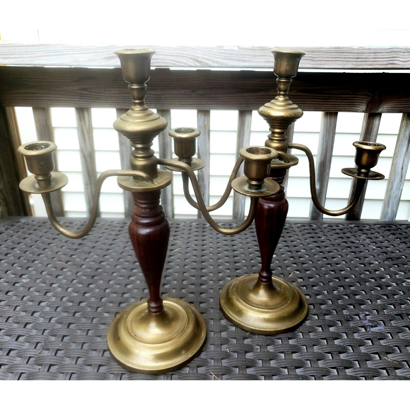 Victorian 19th Century Mahogany and Brass Candelabras, a Pair For Sale