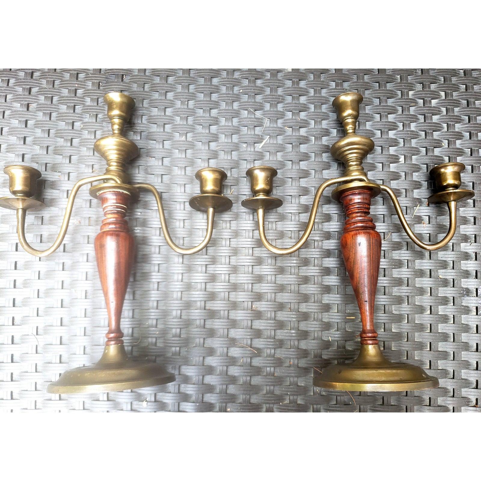 Hand-Crafted 19th Century Mahogany and Brass Candelabras, a Pair For Sale