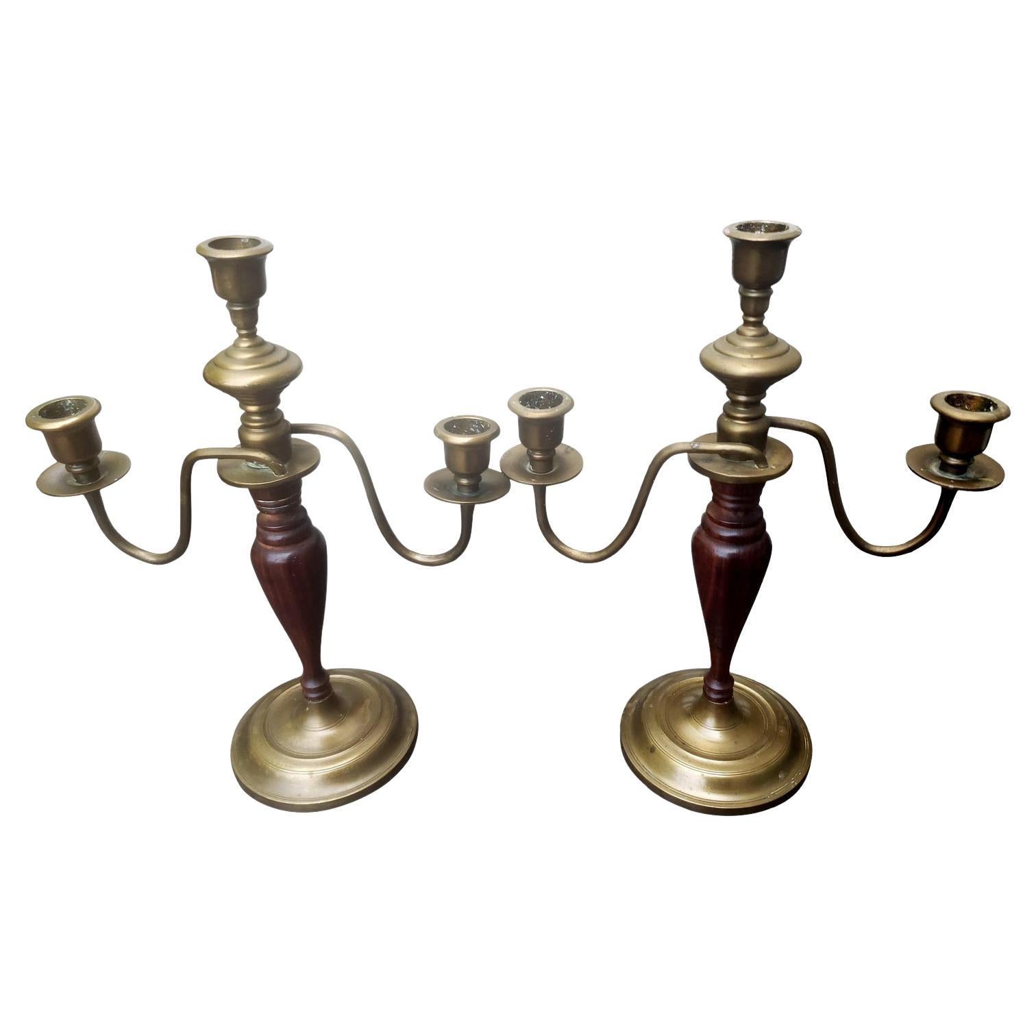 19th Century Mahogany and Brass Candelabras, a Pair For Sale