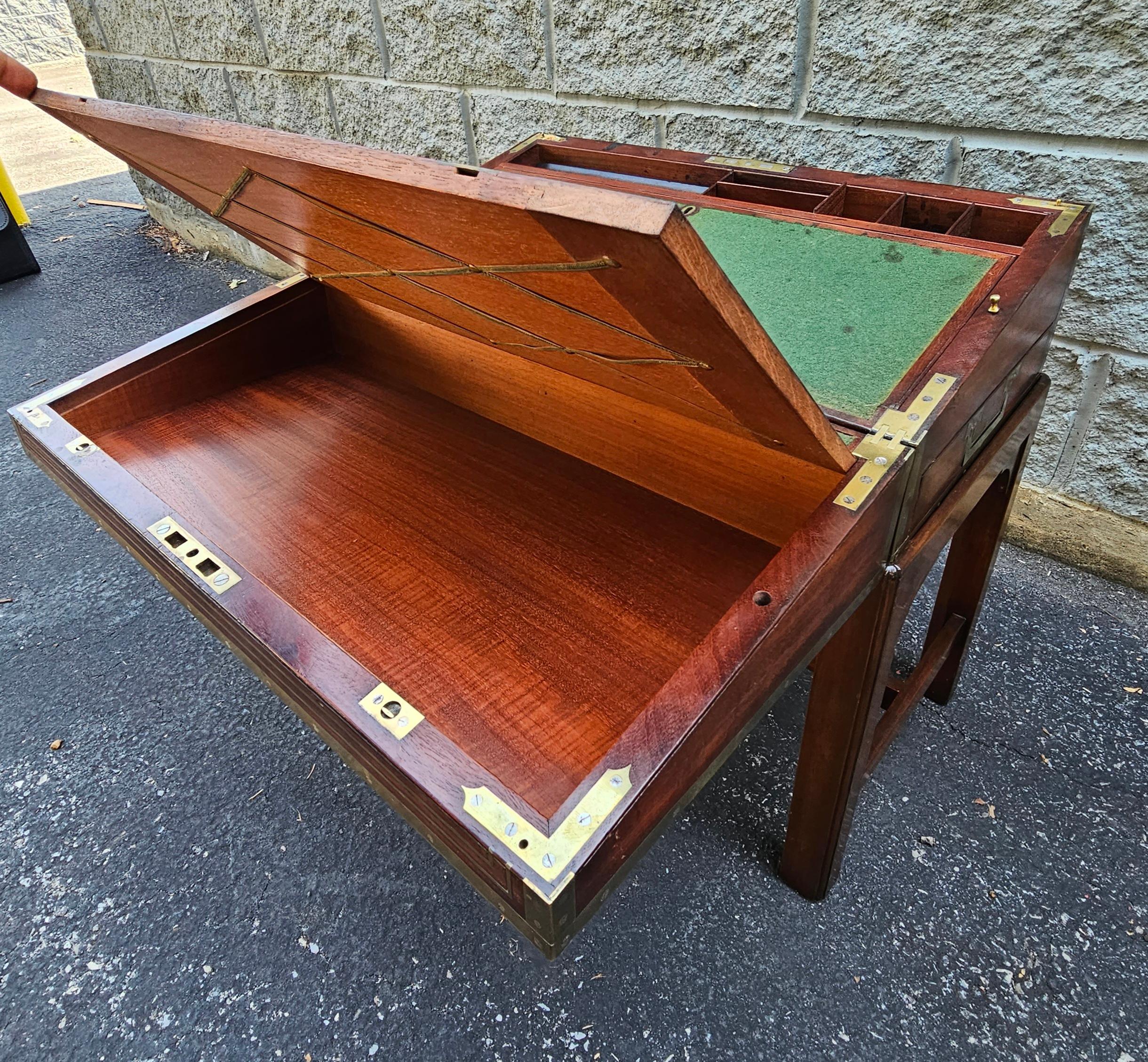 19th Century Mahogany and Brass Inlays Travel Desk on Stand For Sale 8