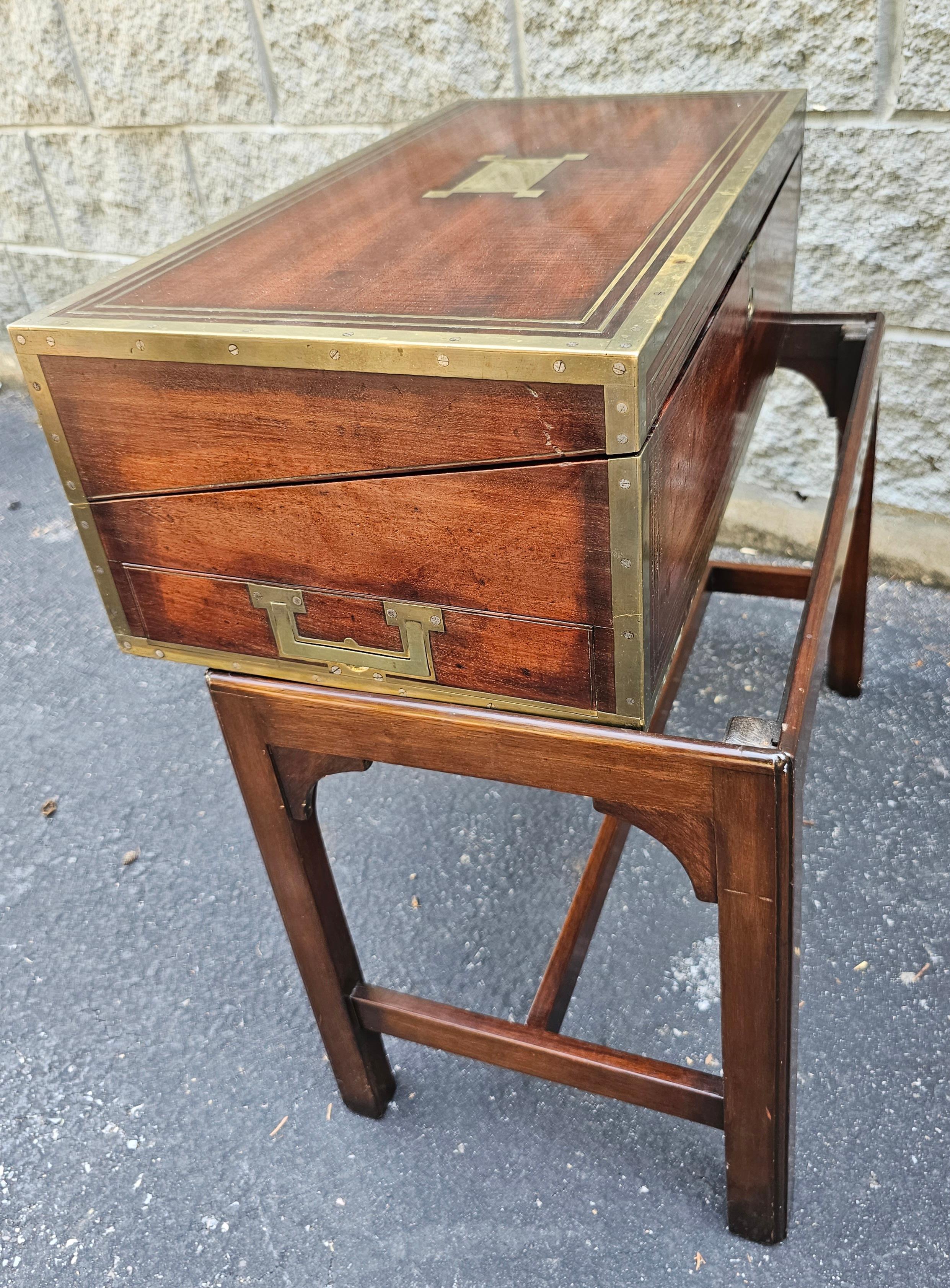 19th Century Mahogany and Brass Inlays Travel Desk on Stand For Sale 3