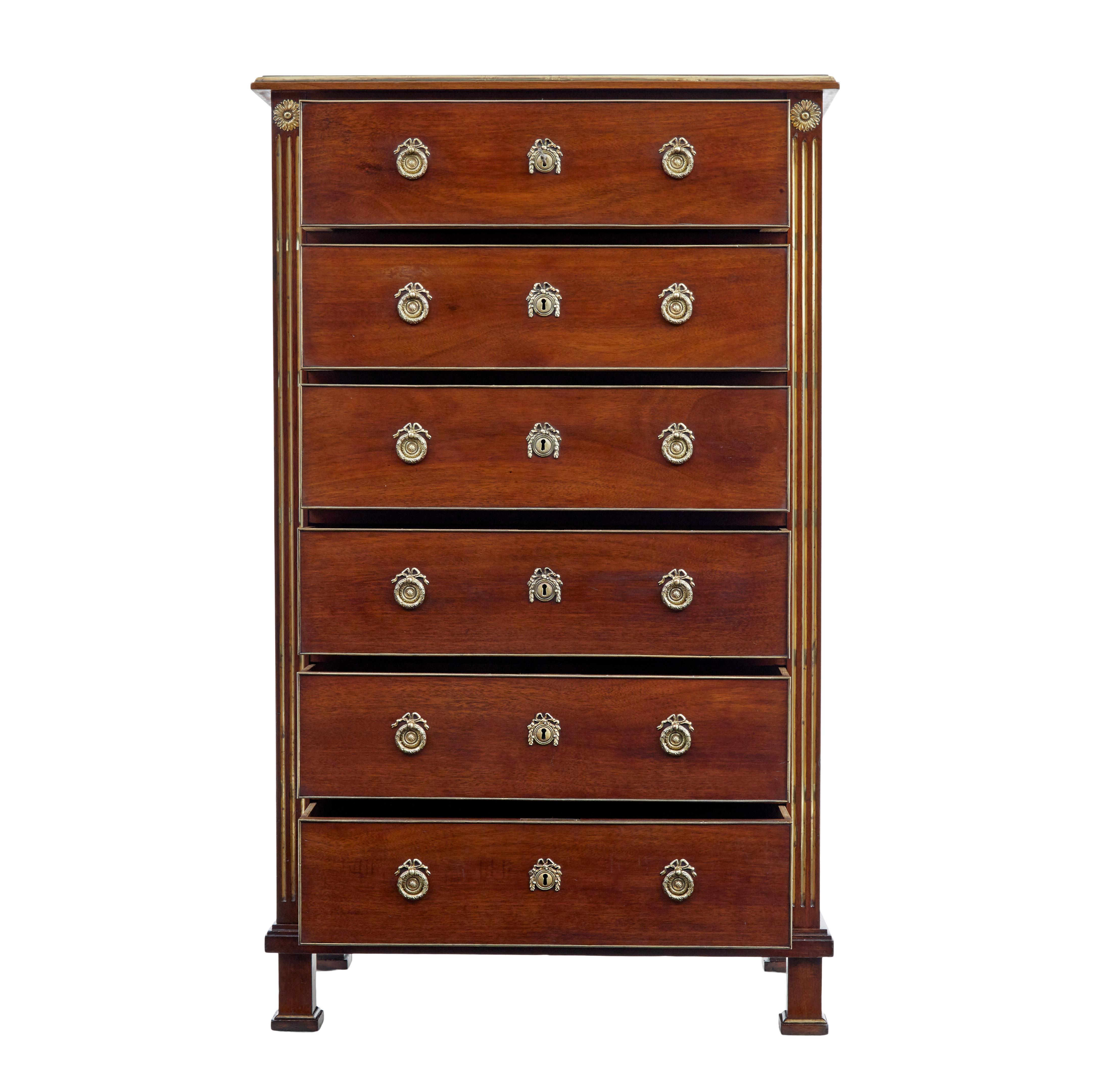 Directoire 19th Century mahogany and brass tall chest of drawers For Sale