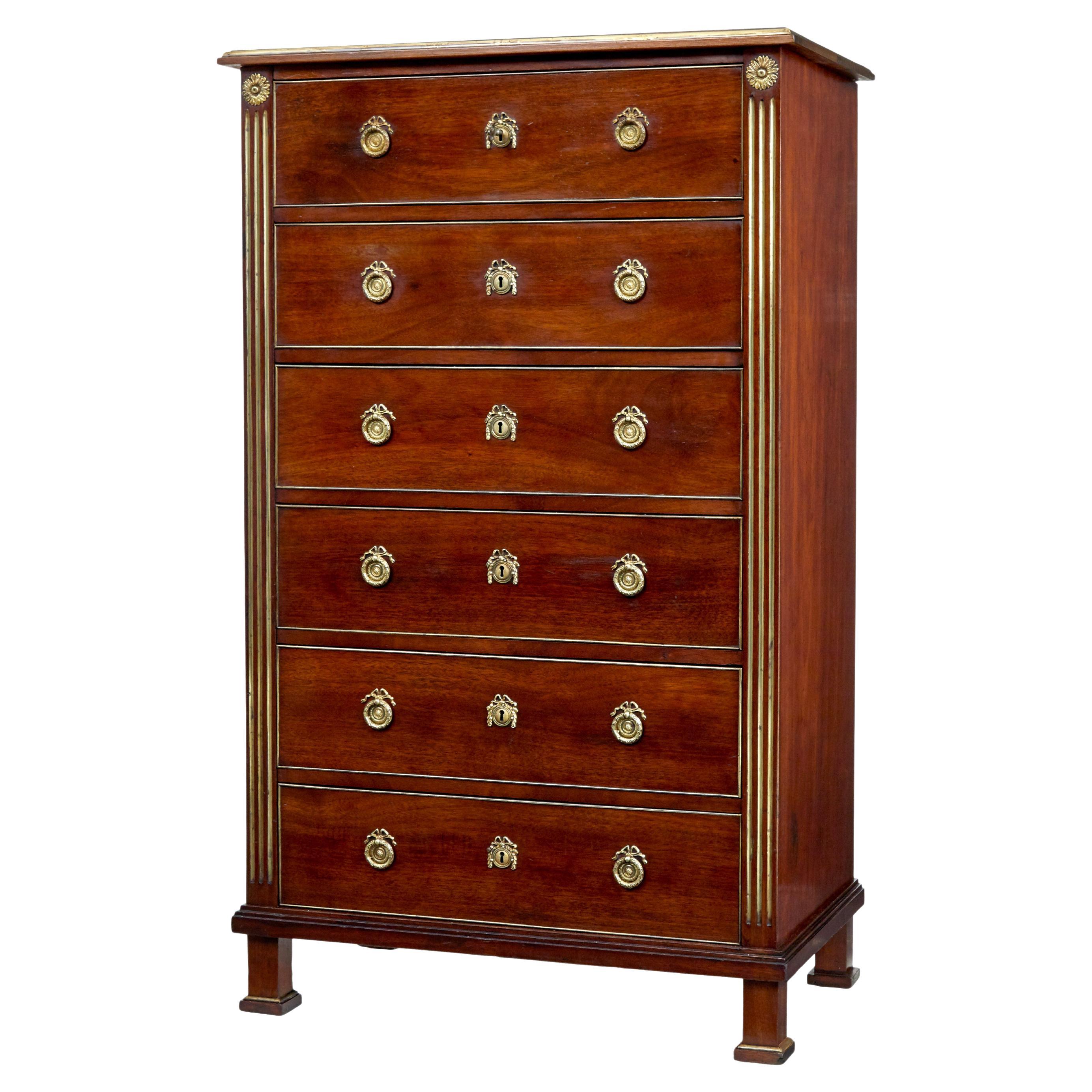 19th Century mahogany and brass tall chest of drawers For Sale