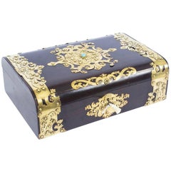 Antique 19th Century Mahogany and Cut Brass Turquoise Mounted Jewelry Casket