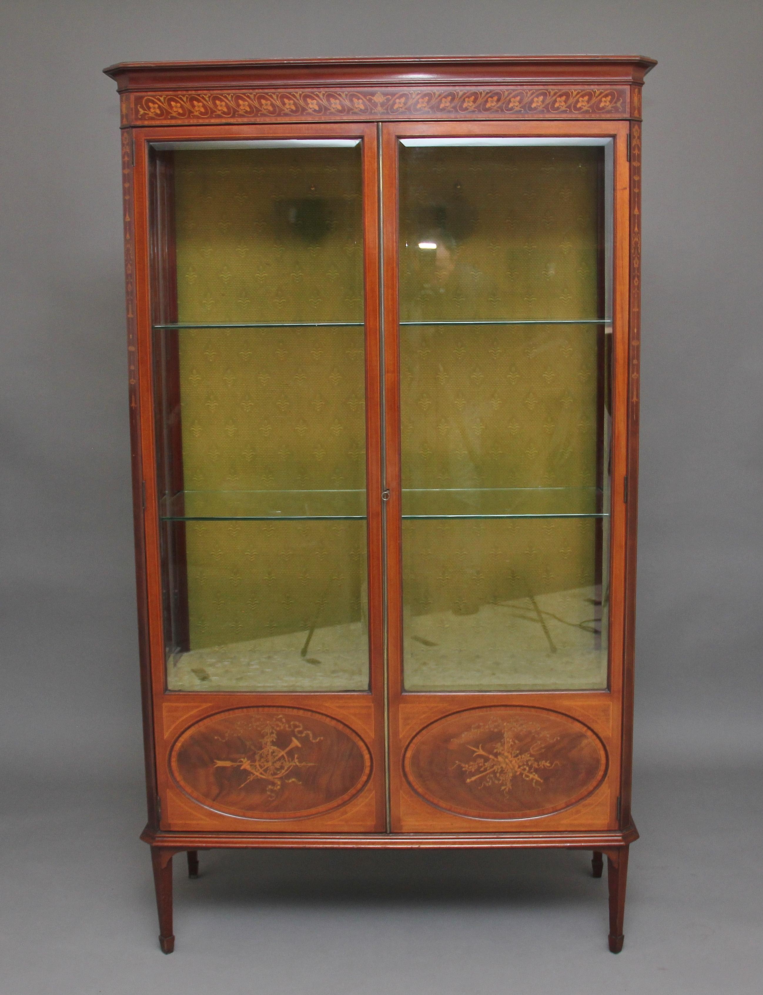 19th century mahogany and inlaid display cabinet, the shaped cornice above an inlaid frieze, two glazed doors below opening to reveal two glass shelves inside, the bottom of each door having oval panels inlaid with decorative patterns, the corners