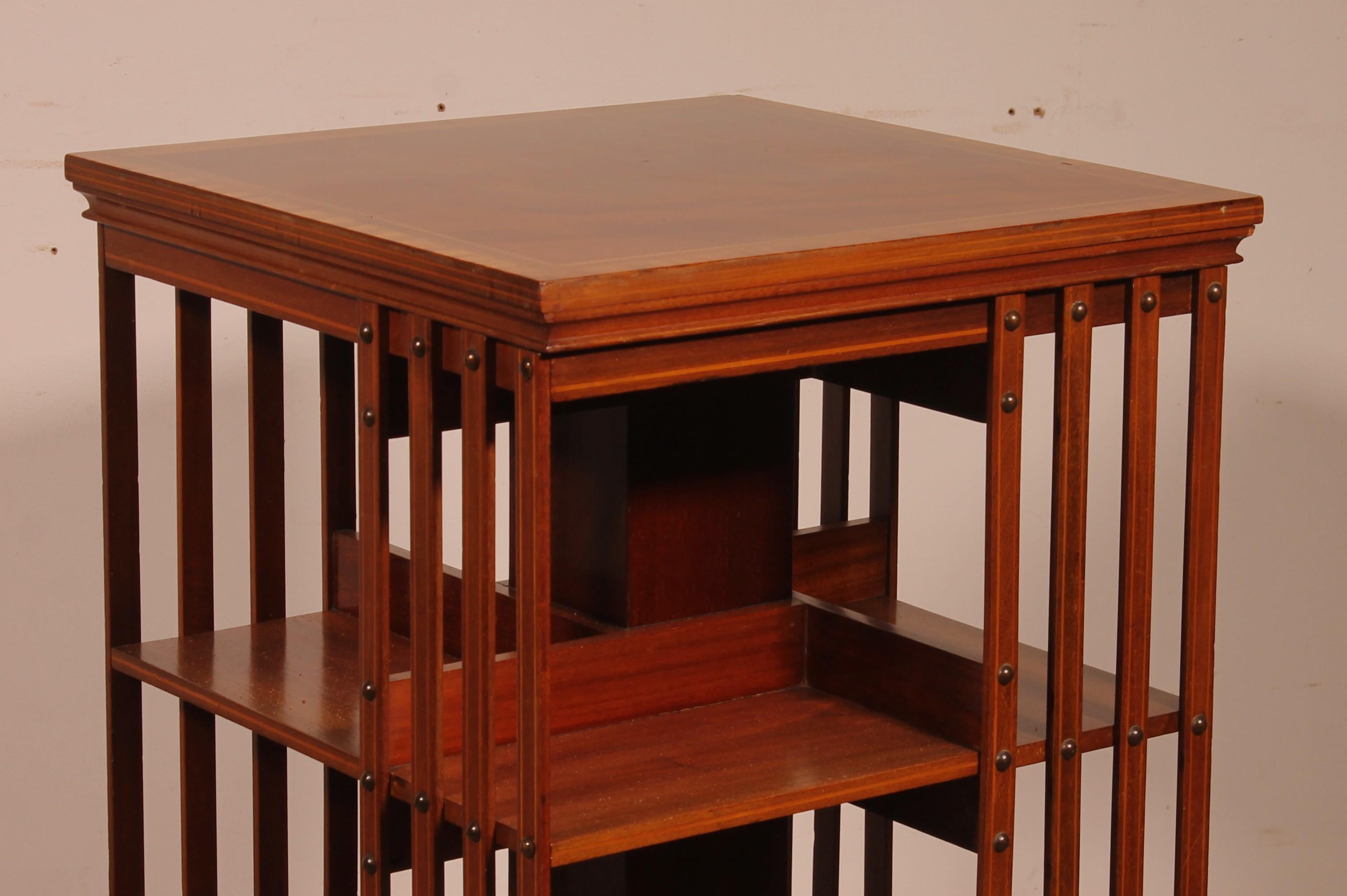 19th century mahogany and inlaid revolving bookcase with iron base.
Lovely 19th century English bookcase with an iron base. Iron bases are the most sought after since the base is heavier and makes the bookcase more stable.
Beautiful quality bookcase