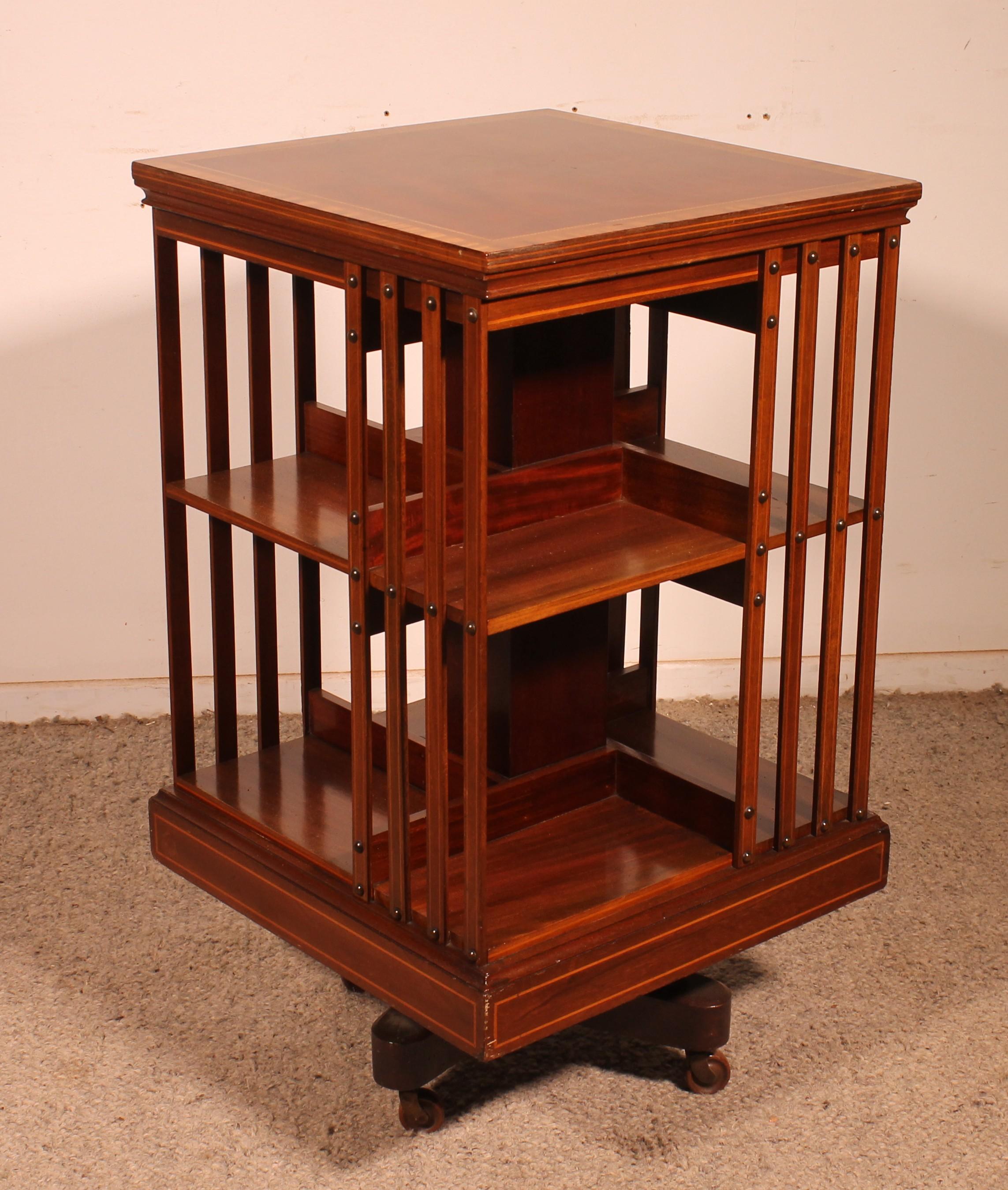 19th Century Mahogany And Inlaid Revolving Bookcase With Iron Base For Sale 2
