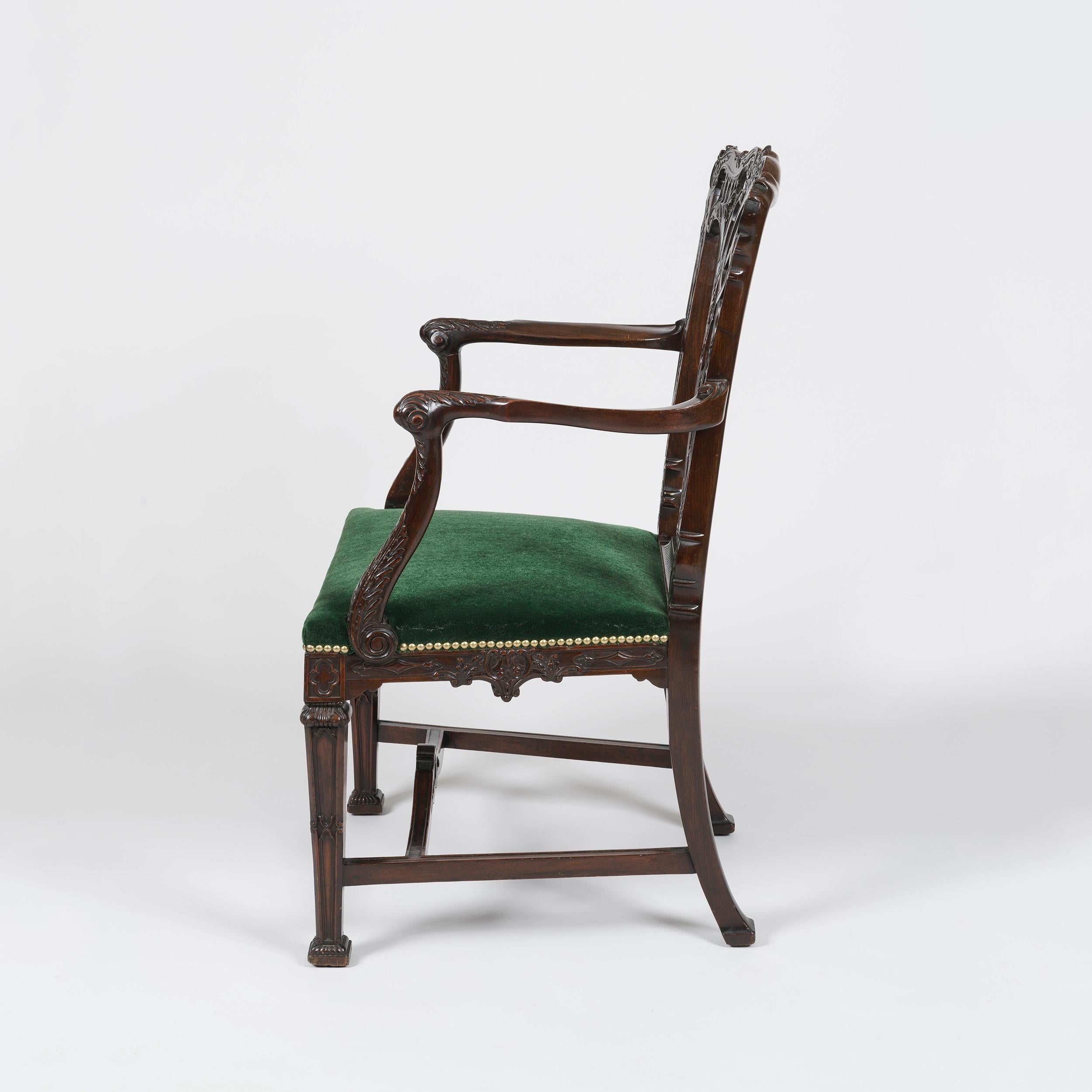 English 19th Century Mahogany Armchair in the style of Chippendale with Green upholstery