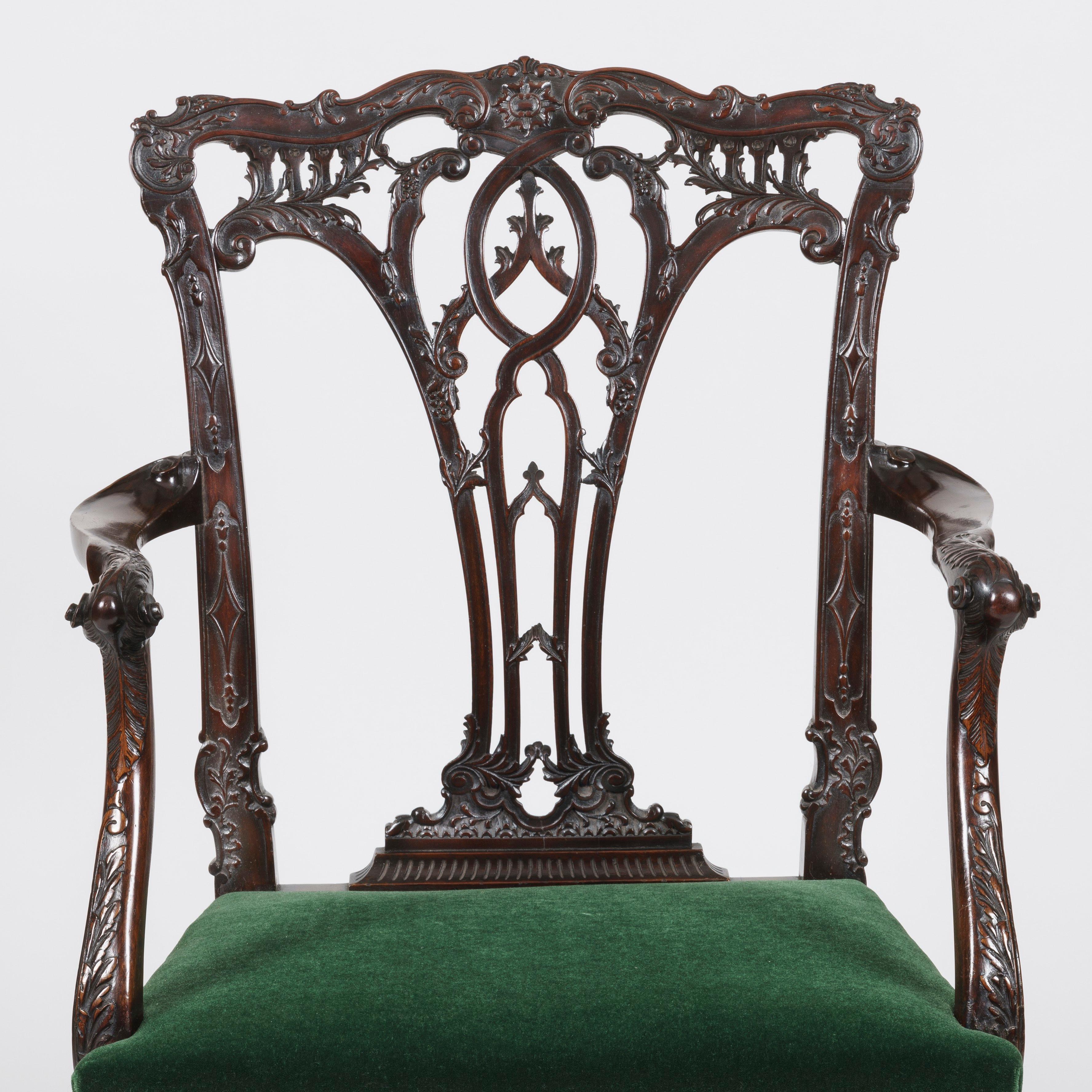 Hand-Carved 19th Century Mahogany Armchair in the style of Chippendale with Green upholstery