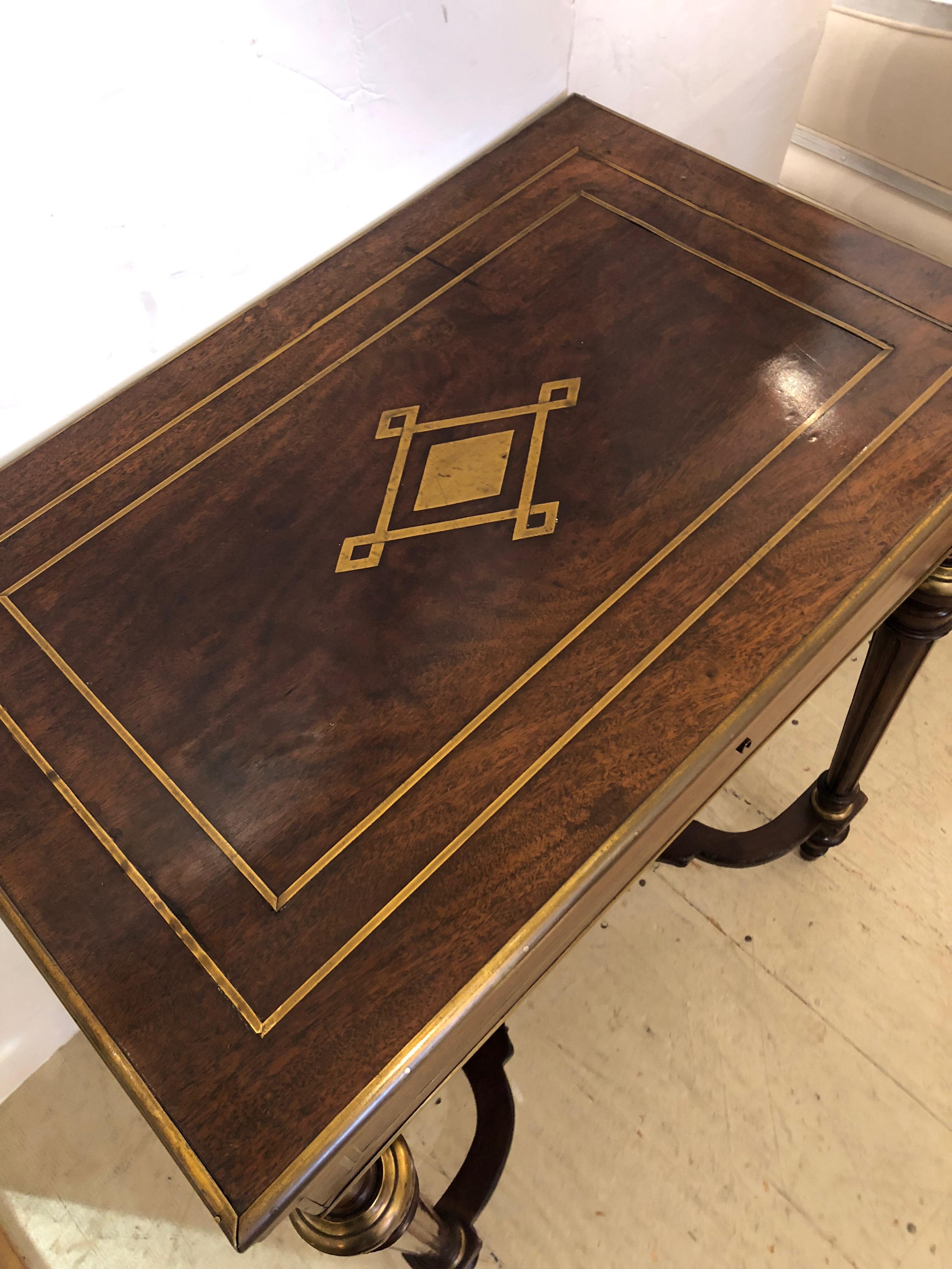 French 19th Century Mahogany and Brass Inlaid Side Table with Interior Compartments For Sale