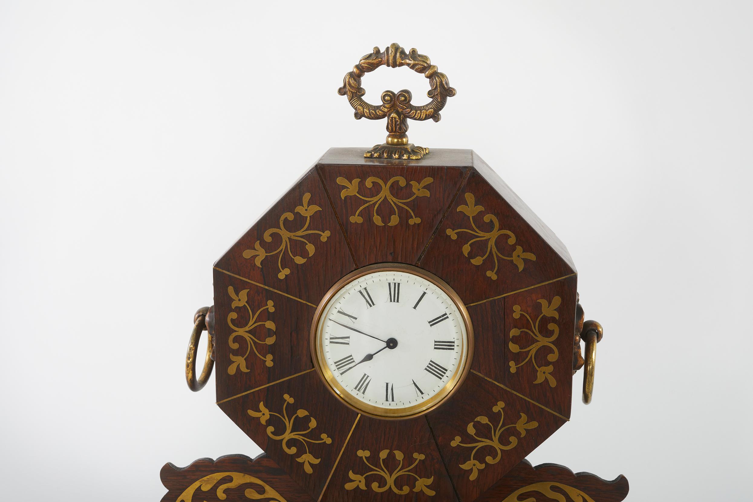 French 19th Century Mahogany / Brass Inlay Desk Clock For Sale