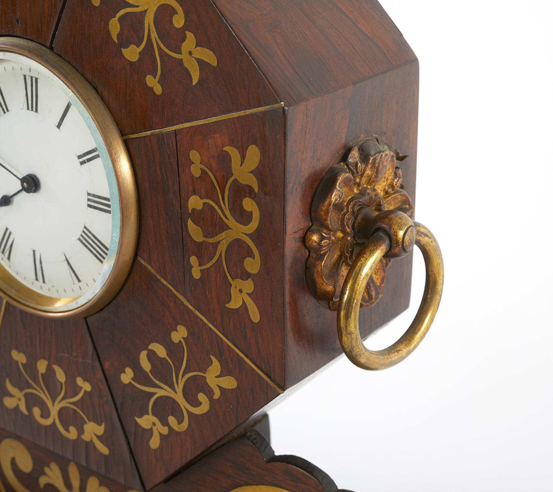 19th Century Mahogany / Brass Inlay Desk Clock In Good Condition For Sale In Tarry Town, NY