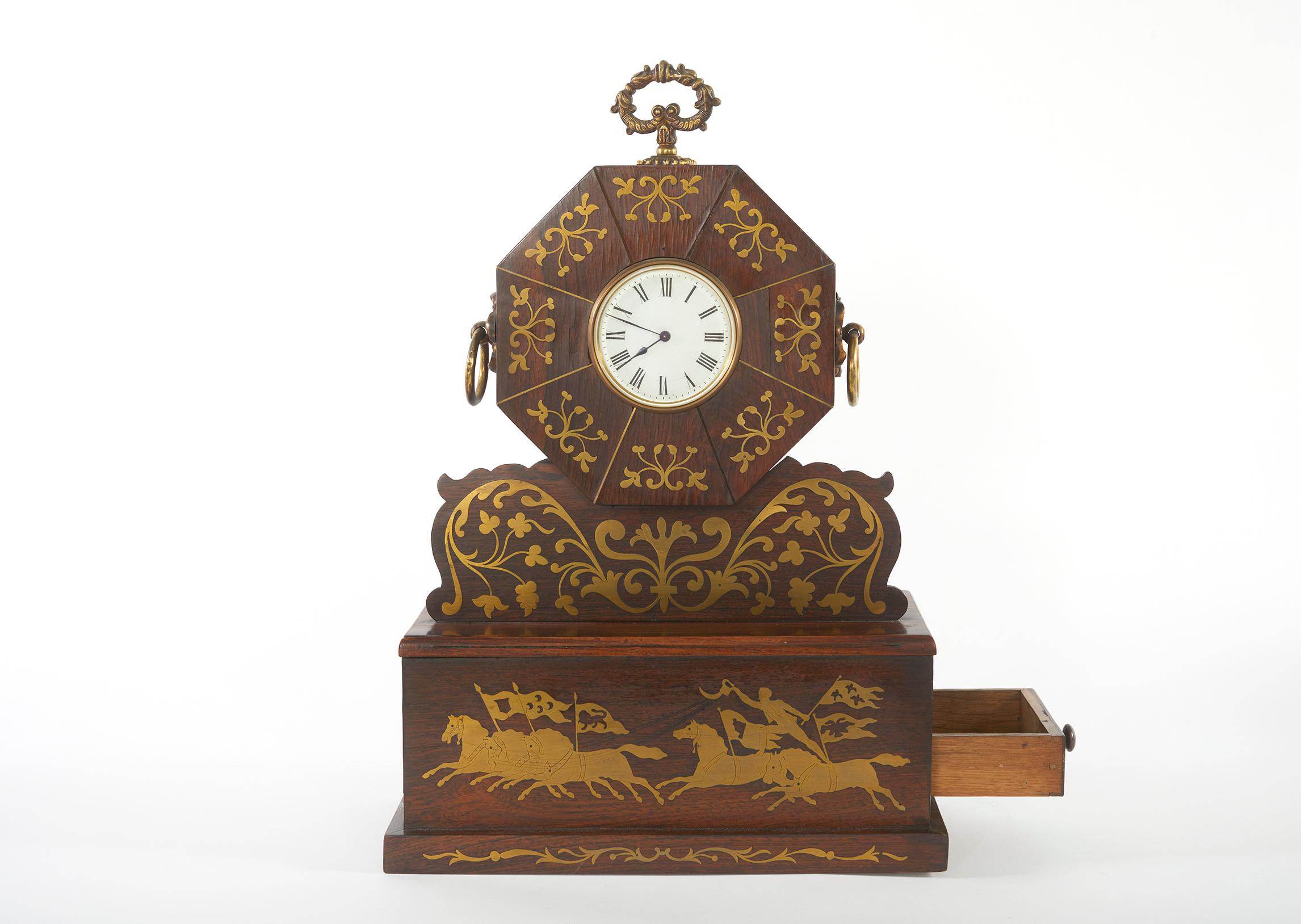 19th Century Mahogany / Brass Inlay Desk Clock For Sale 1