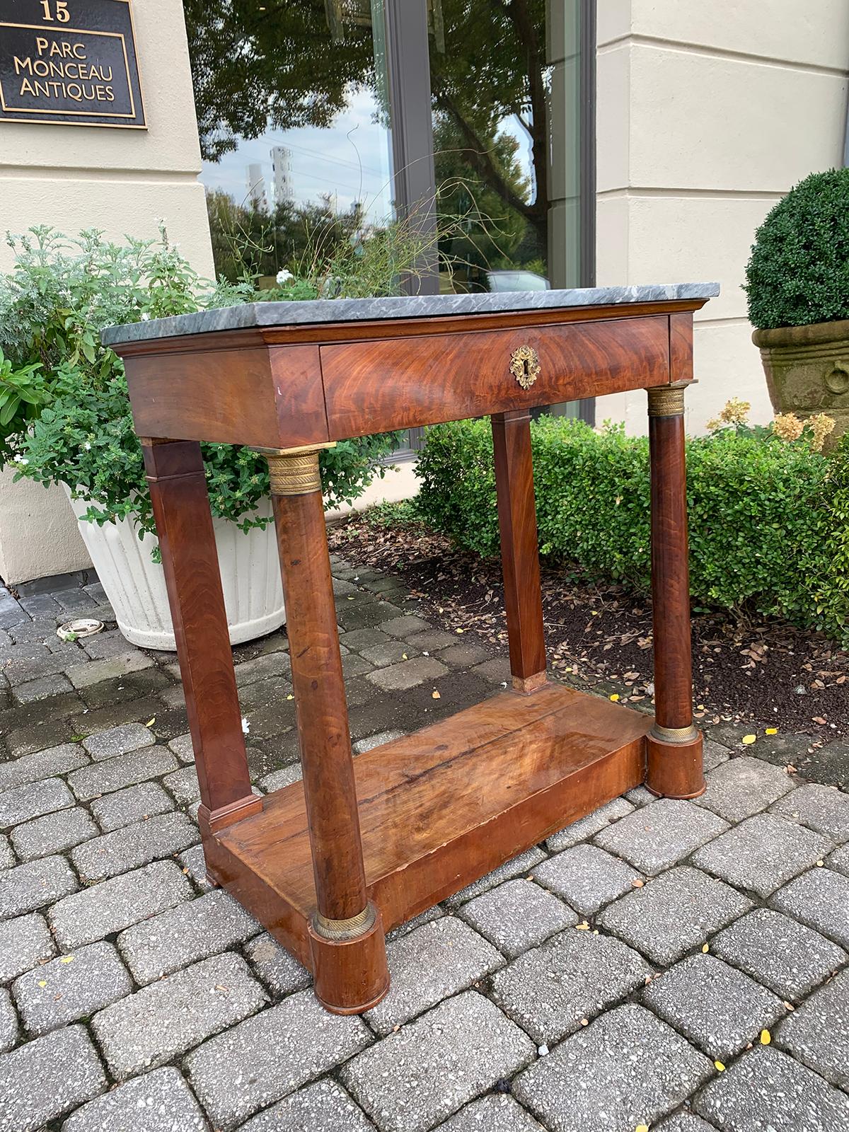 19th Century Mahogany Bronze Mounted Console with Grey Marble-Top, One-Drawer In Good Condition In Atlanta, GA
