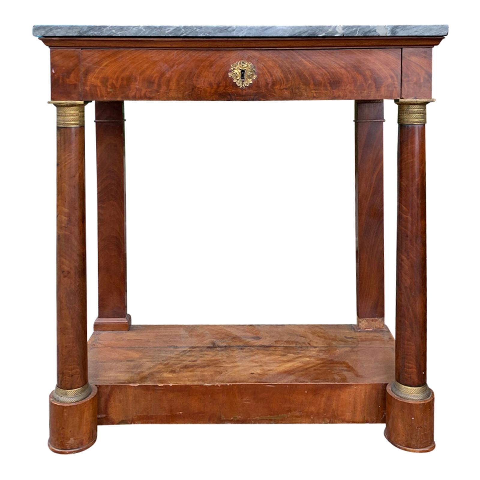 19th Century Mahogany Bronze Mounted Console with Grey Marble-Top, One-Drawer