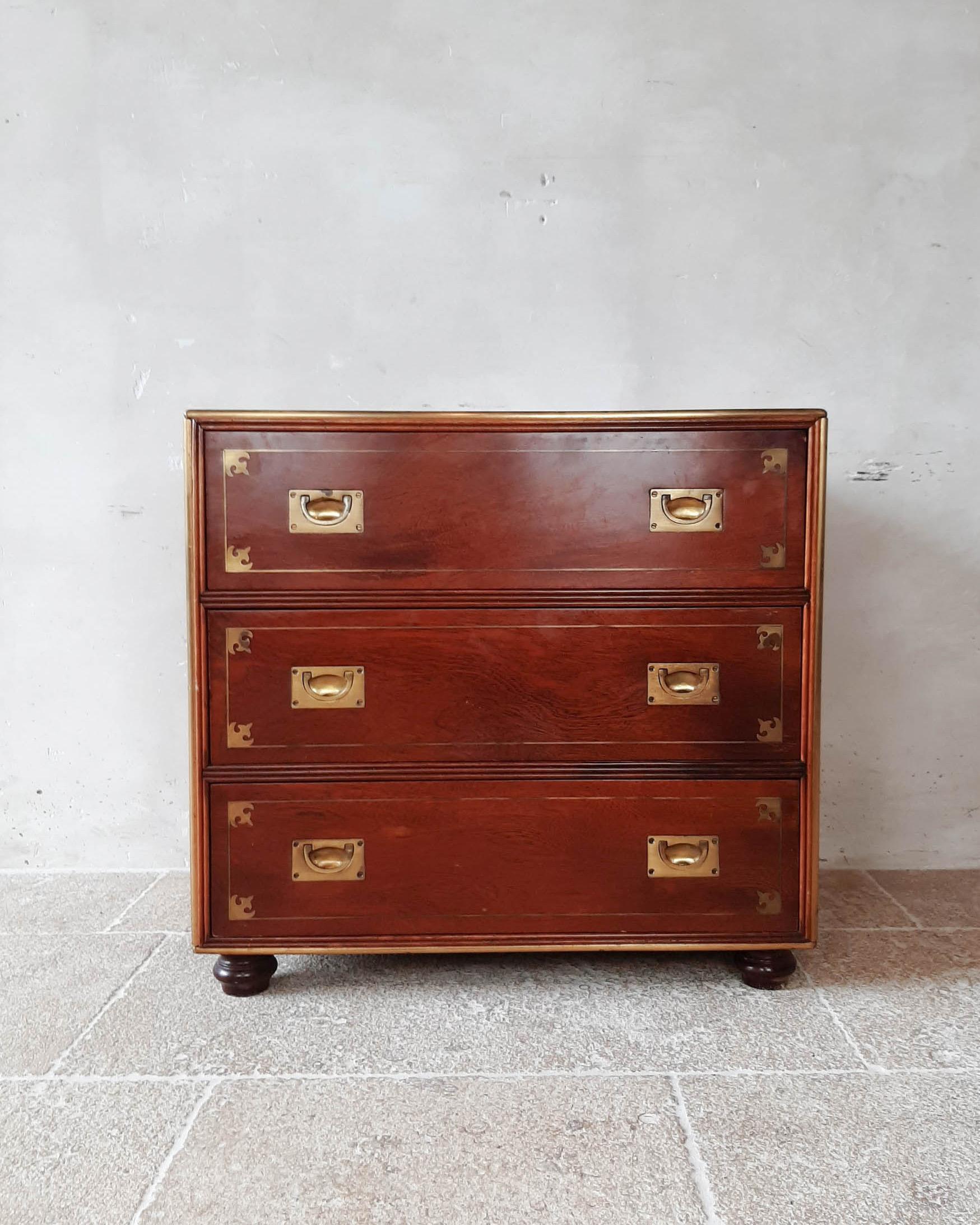 19th century mahogany Campaign chest of drawers, part of the steamship furnishings and marked “The Phoenix New Orleans 1807”. Beautiful, antique American cabinet made of mahogany with brass inlay and fittings. This type of antique furniture is also