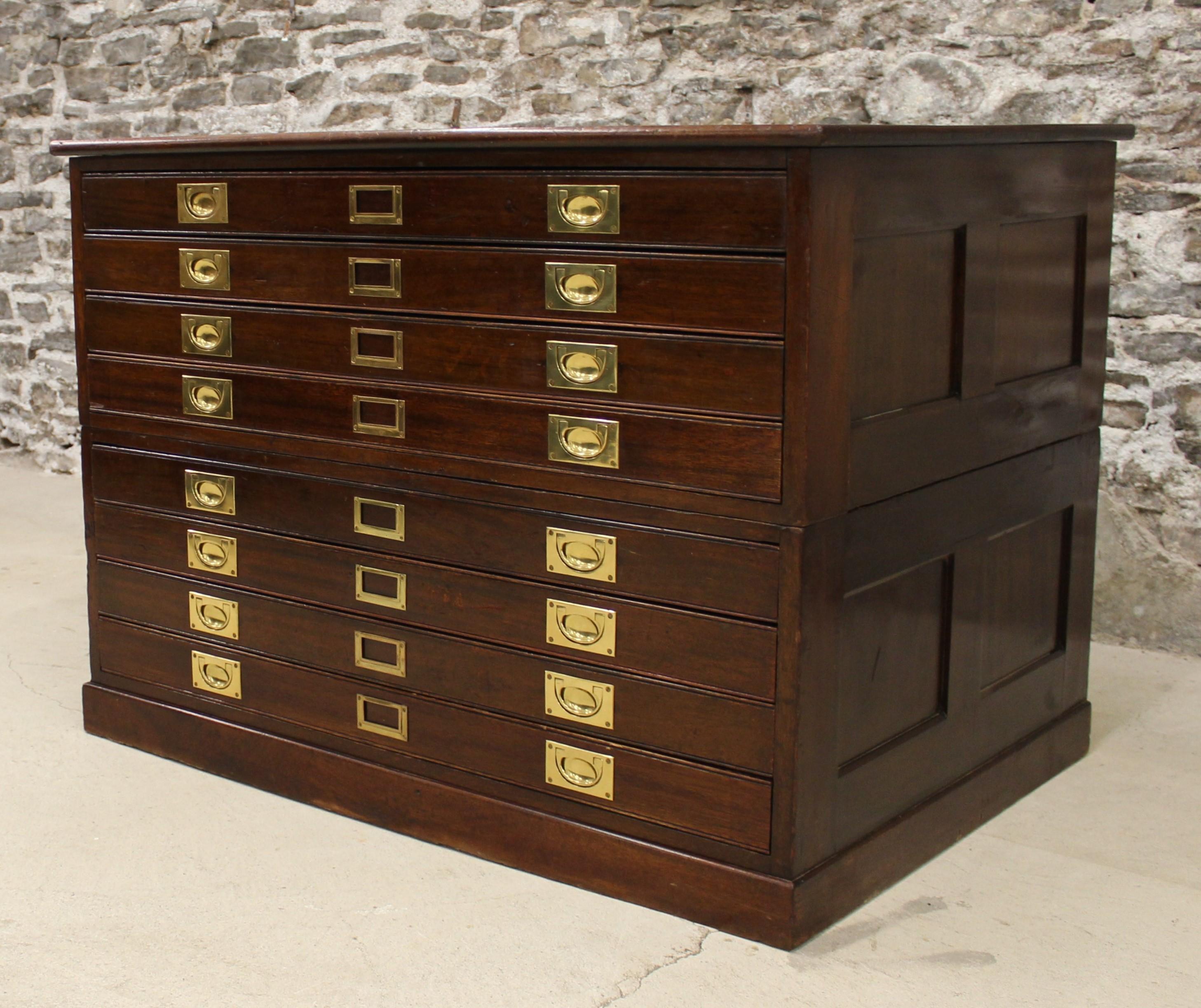 19th century mahogany Campaign map chest. This was built in two parts with square and fitted brass pulls with eight folio drawers.