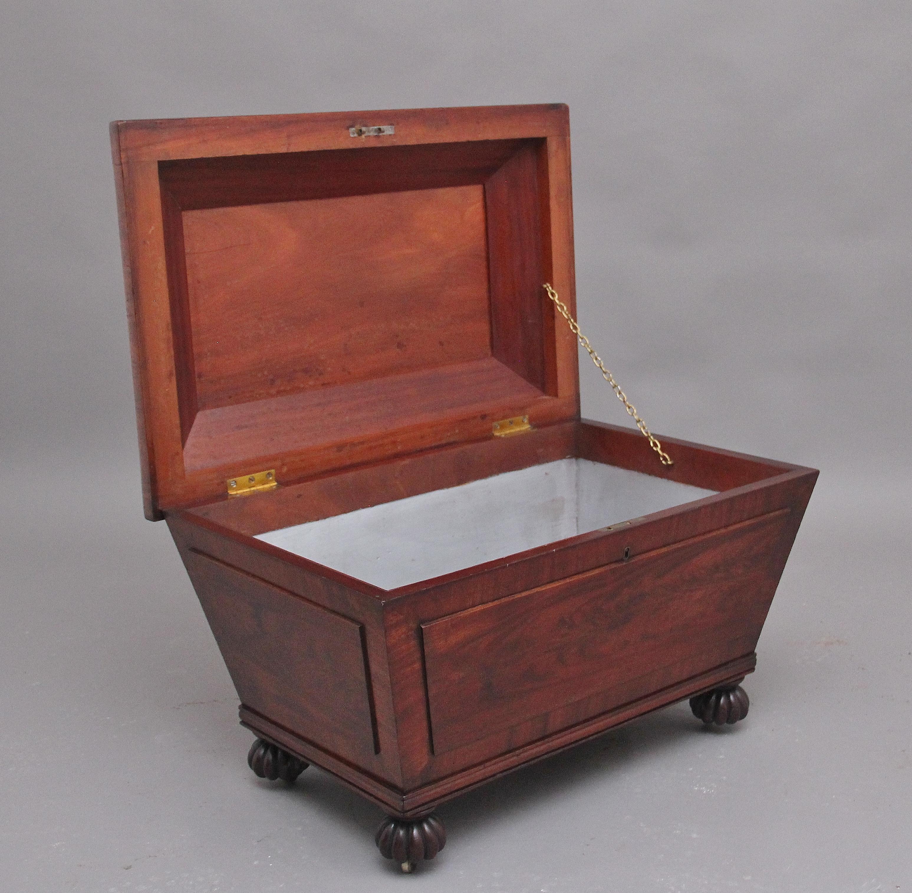 19th Century mahogany cellarette of sarcophagus form, the hinged and gadrooned lid opening to reveal a large compartment space, panels to all sides, raised on gadrooned feet with concealed castors.  Circa 1840.