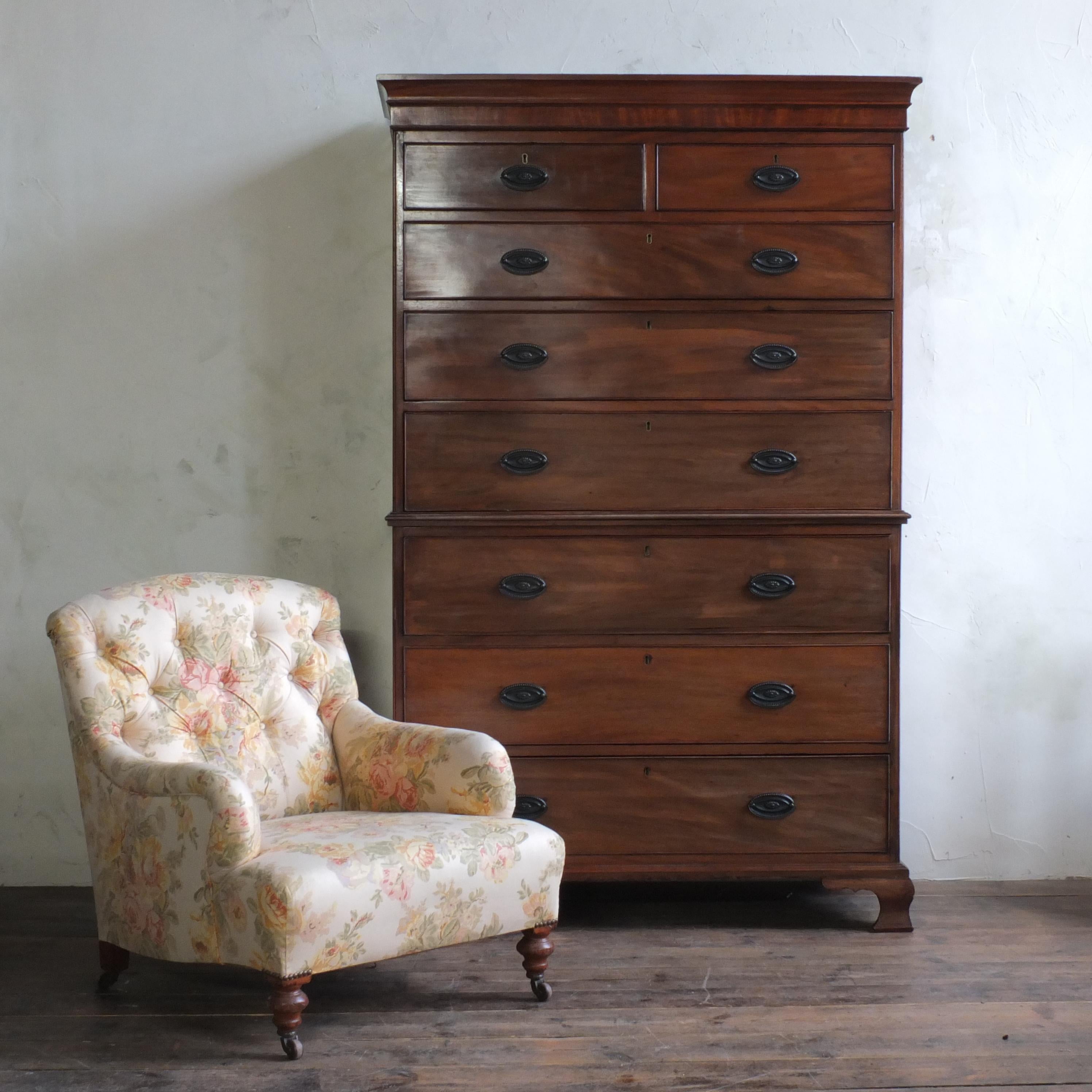 A large 19th century mahogany chest of drawers. In good clean condition throughout. Some expected wear but restored by the previous owner to a high standard.

Measures: 53cm deep
120cm wide
196cm high.